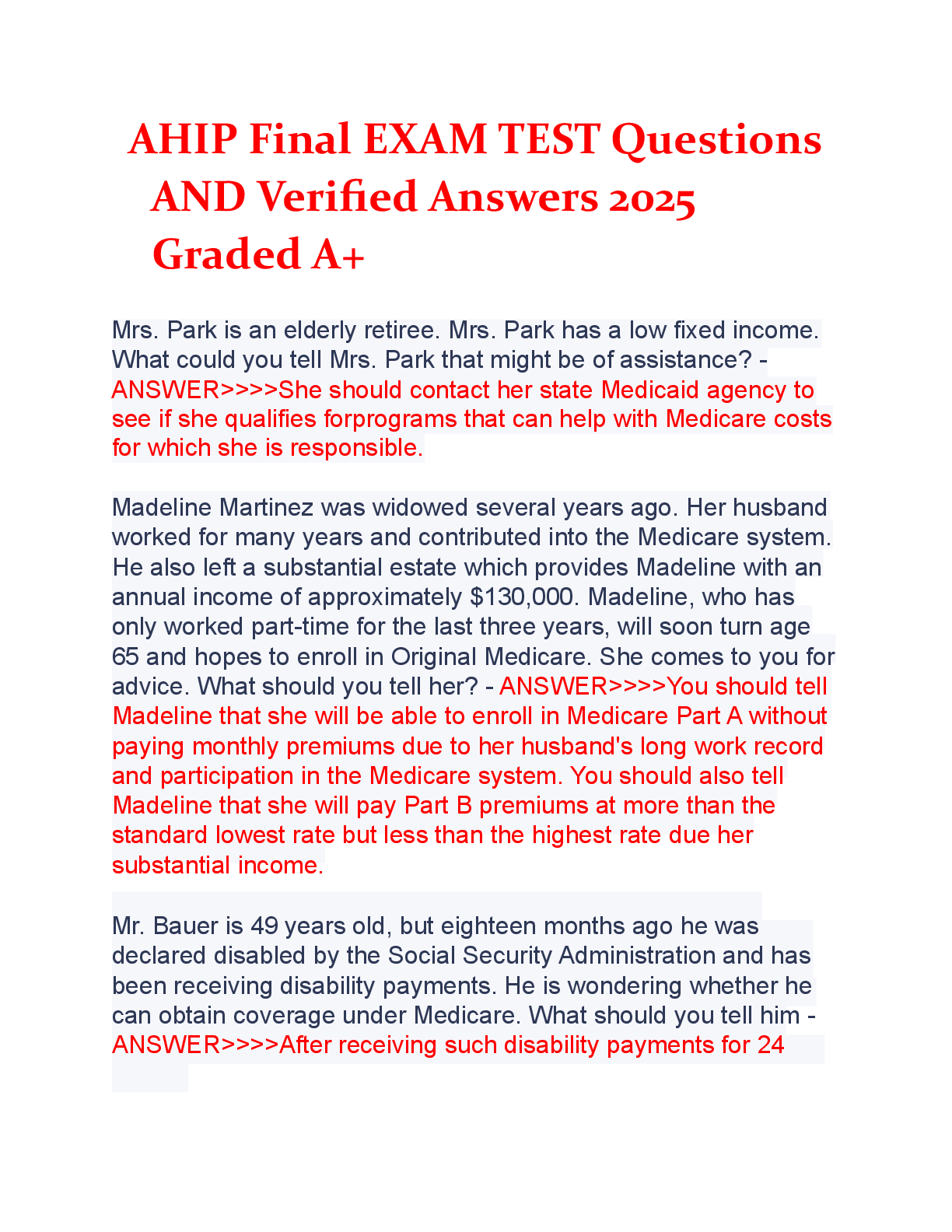 Recommended document preview for AHIP Final EXAM TEST Questions   AND Verified Answers 2025  Graded A+ AHIP Final EXAM TEST Questions   AND Verified Answers 2025  Graded A+