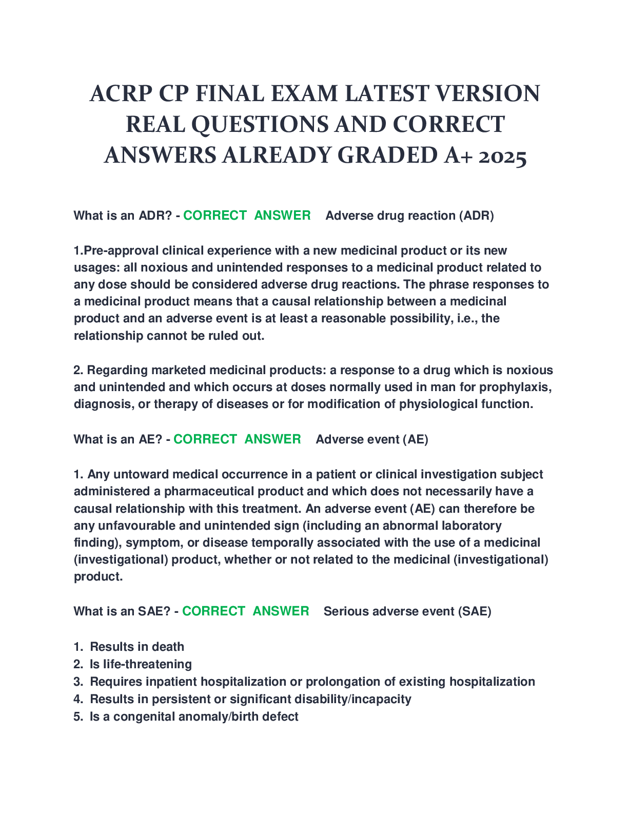 Recommended document preview for ACRP CP FINAL EXAM LATEST VERSION  REAL QUESTIONS AND CORRECT  ANSWERS ALREADY GRADED A+ 2025