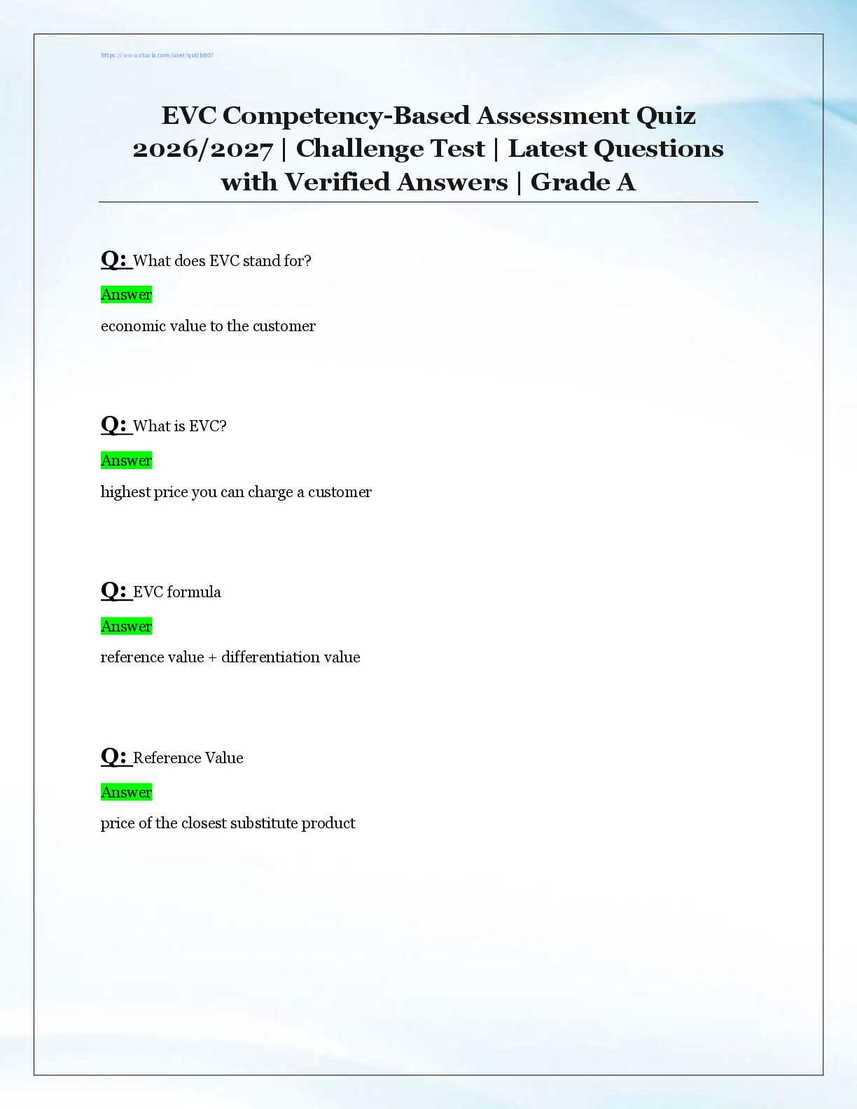 Preview of EVC Competency-Based Assessment Quiz  2026/2027 | Challenge Test | Latest Questions  with
