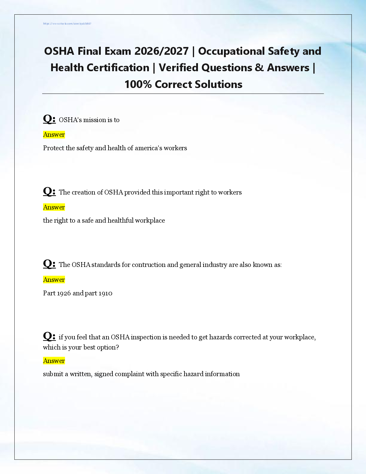 Recommended document preview for OSHA Final Exam 2026/2027 | Occupational Safety and  Health Certification | Verified Questions & Answers |  100% Correct Solutions