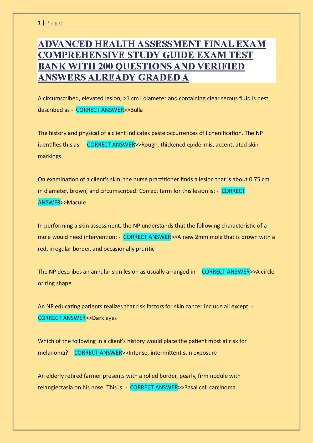 Recommended document preview for ADVANCED HEALTH ASSESSMENT FINAL EXAM  COMPREHENSIVE STUDY GUIDE EXAM TEST  BANK WITH 200 QUESTIONS AND VERIFIED  ANSWERS ALREADY GRADED A