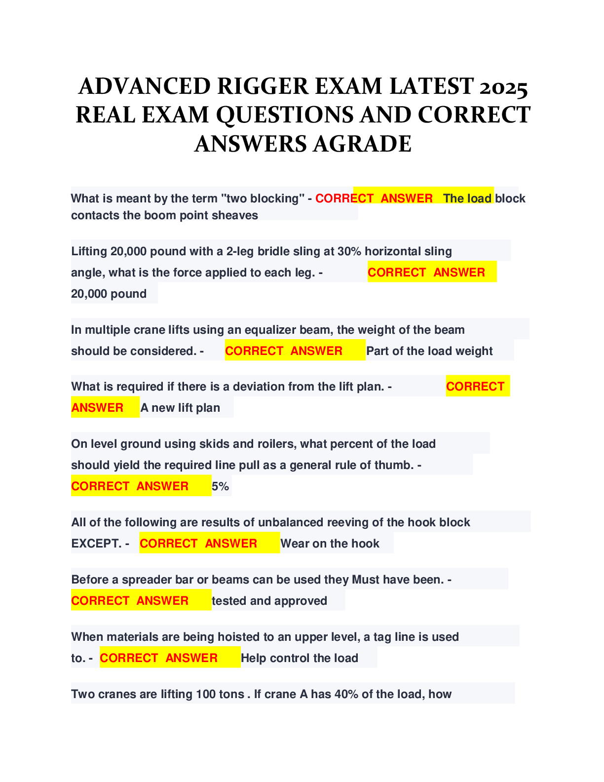 Recommended document preview for ADVANCED RIGGER EXAM LATEST 2025  REAL EXAM QUESTIONS AND CORRECT  ANSWERS AGRADE