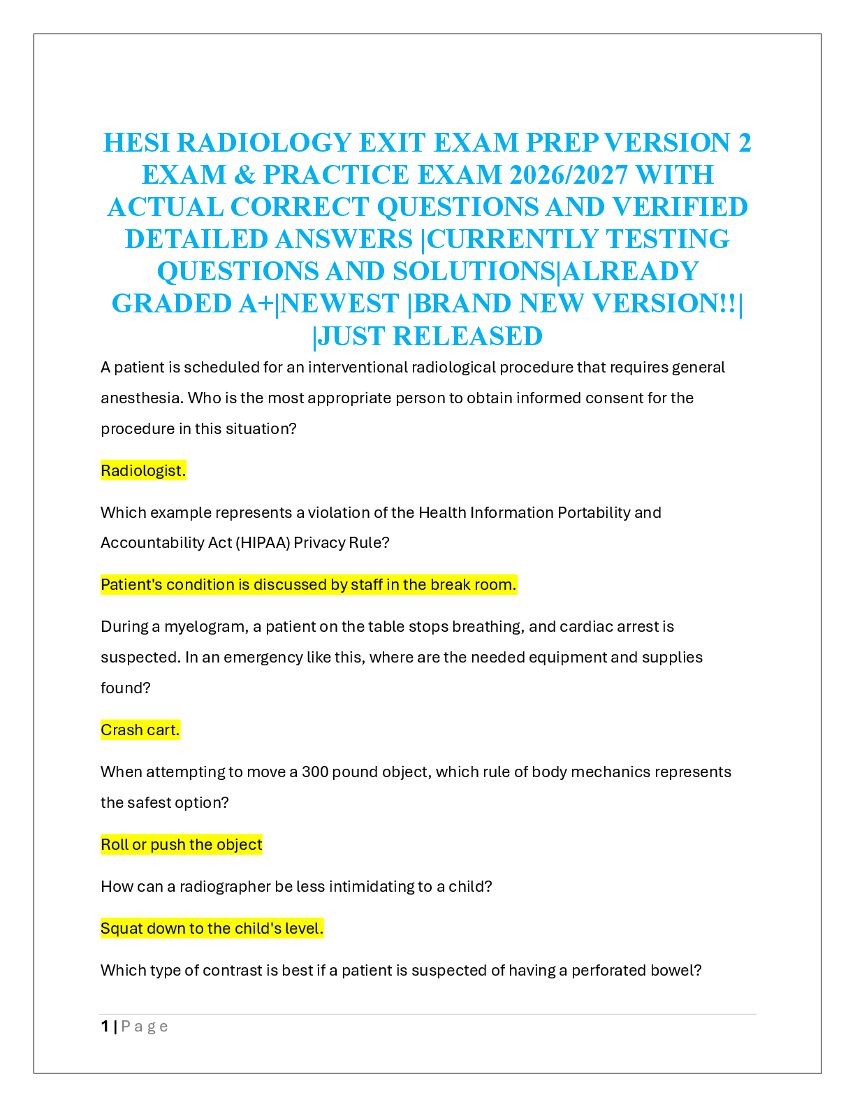 Recommended document preview for HESI RADIOLOGY EXIT EXAM PREP VERSION 2  EXAM & PRACTICE EXAM 2026/2027