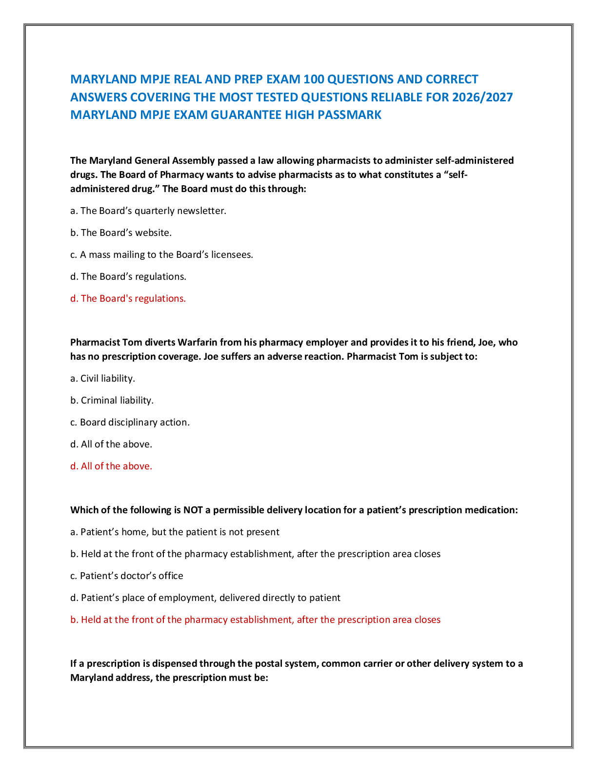 Recommended document preview for MARYLAND MPJE REAL AND PREP EXAM 100 QUESTIONS AND CORRECT  ANSWERS COVERING THE MOST TESTED QUESTIONS RELIABLE FOR 2026/2027  MARYLAND MPJE EXAM GUARANTEE HIGH PASSMARK