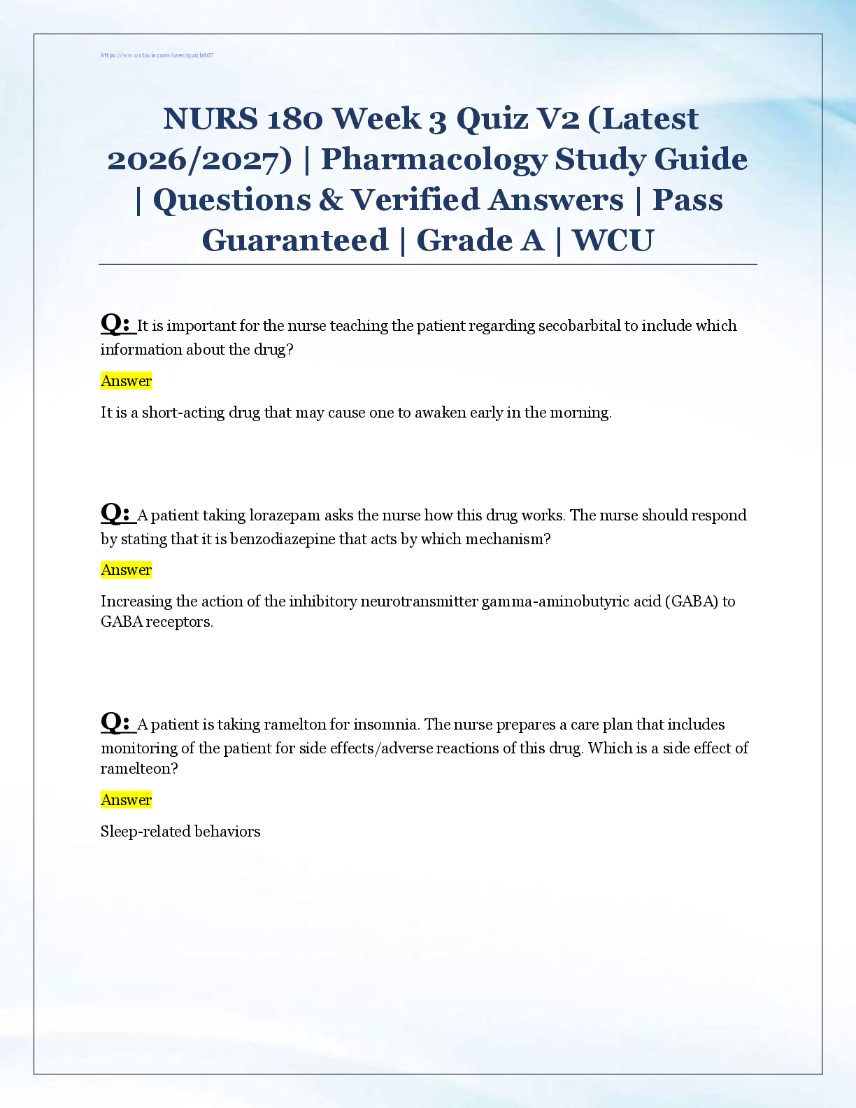 NURS 180 Week 3 Quiz V2 (Latest  2026/2027) | Pharmacology Study Guide  | Questions & Verified Answers | Pass  Guaranteed | Grade A | WCU