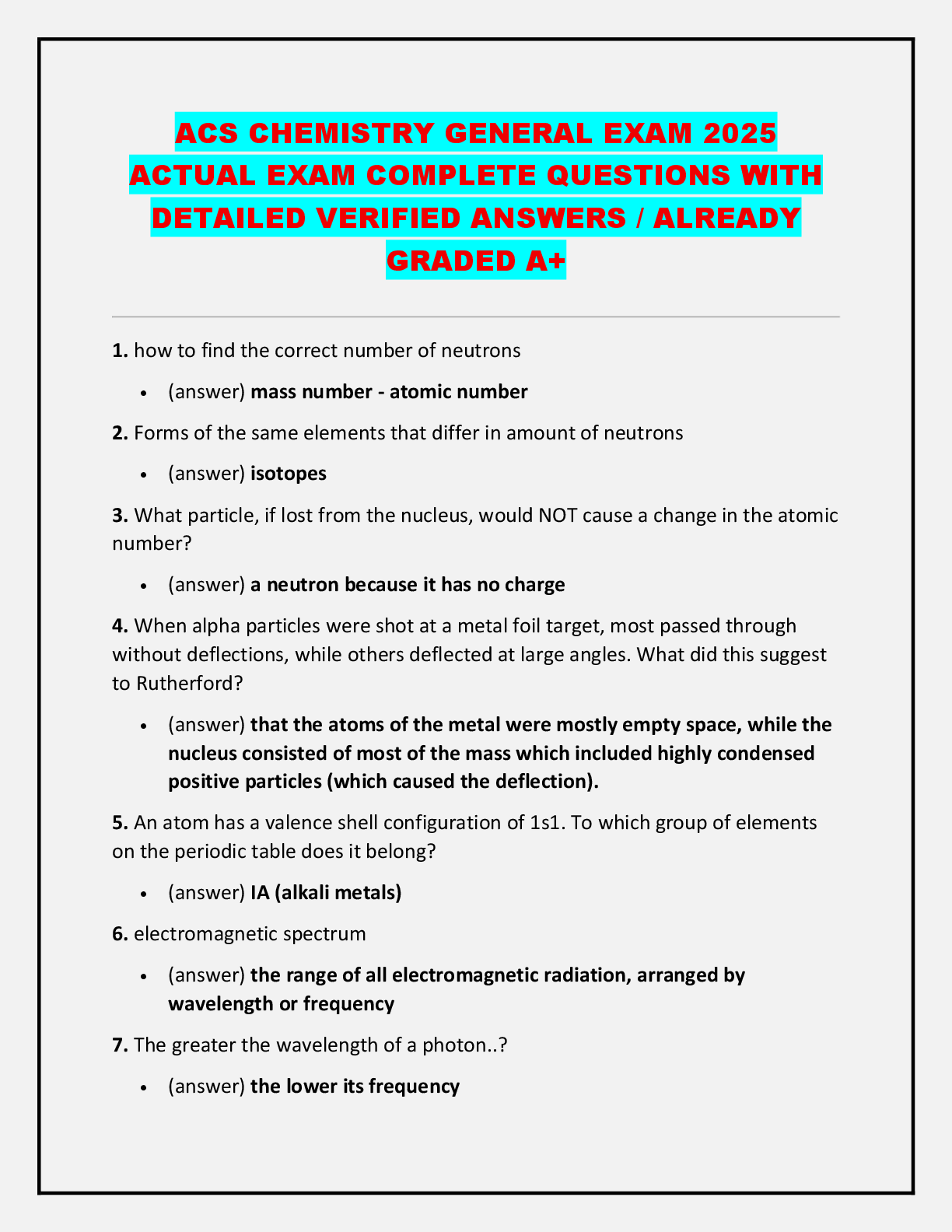 Recommended document preview for ACS CHEMISTRY GENERAL EXAM 2025  ACTUAL EXAM COMPLETE QUESTIONS WITH  DETAILED VERIFIED ANSWERS / ALREADY  GRADED A+