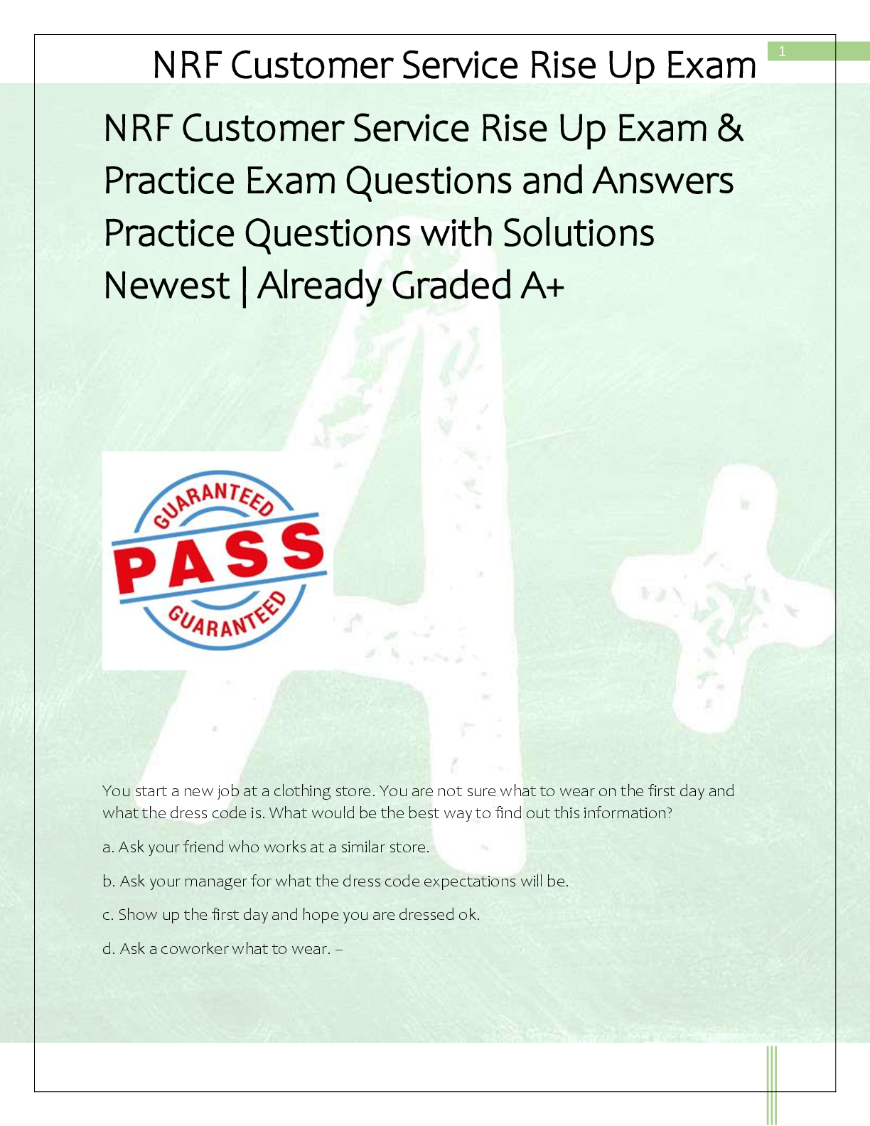 Preview of NRF Customer Service Rise Up Exam &  Practice Exam Questions and Answers  Practice Questio