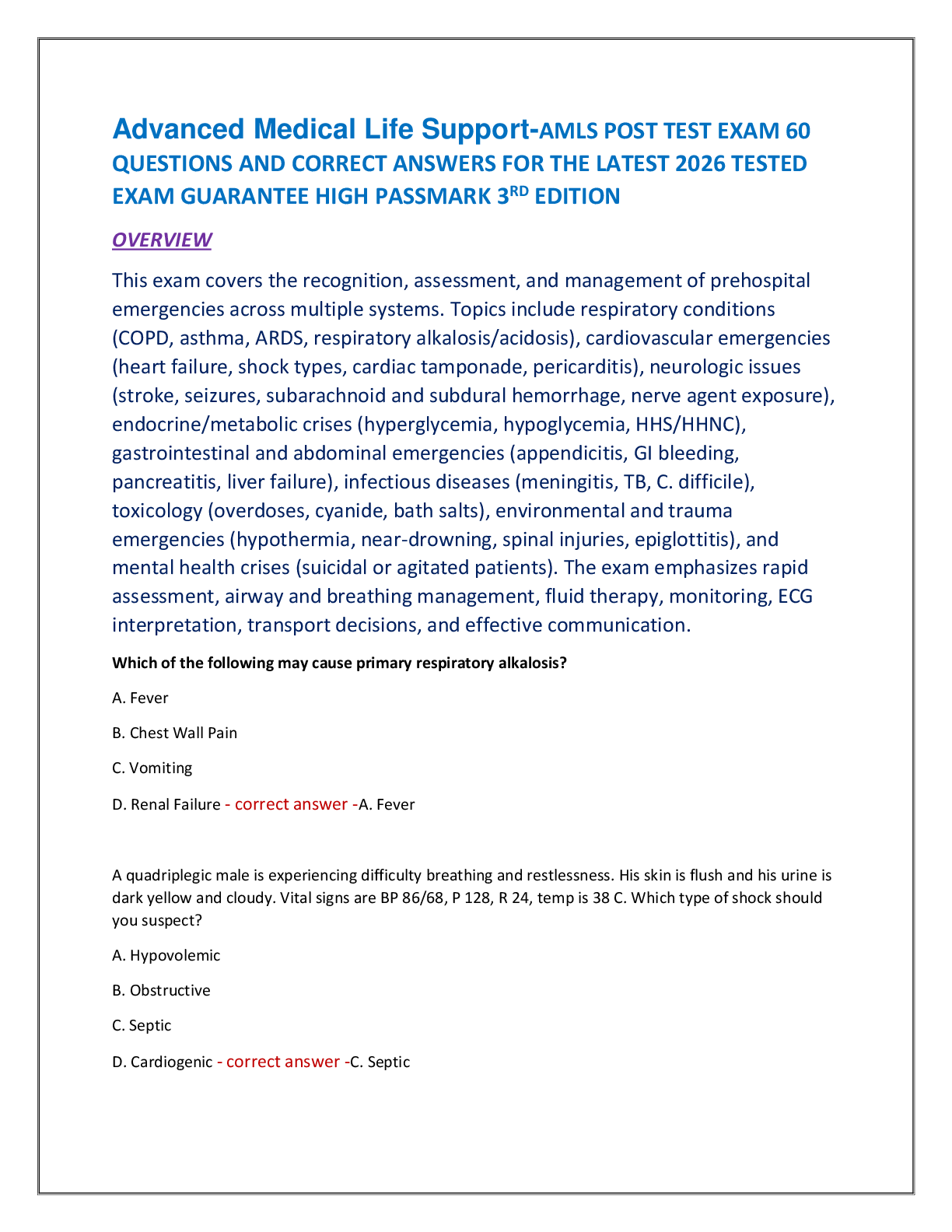 Recommended document preview for Advanced Medical Life Support-AMLS POST TEST EXAM 60  QUESTIONS AND CORRECT ANSWERS FOR THE LATEST 2026 TESTED  EXAM GUARANTEE HIGH PASSMARK 3RD EDITION