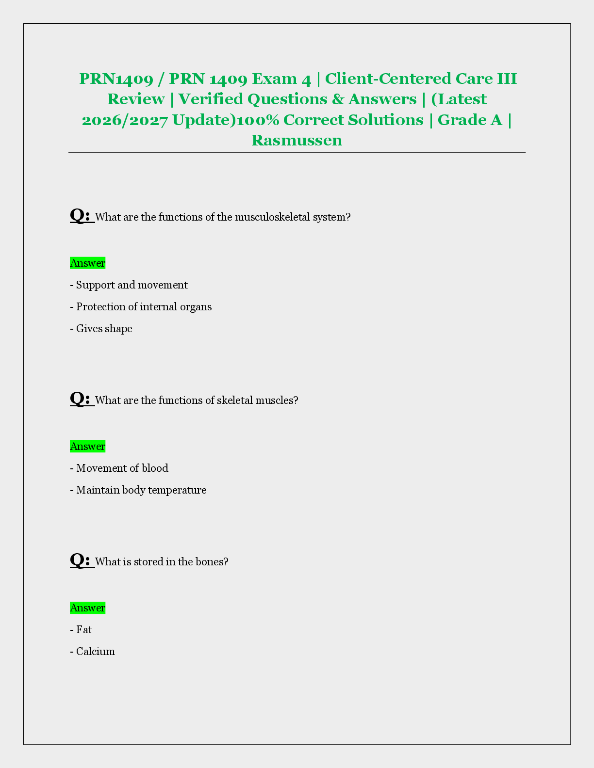 Preview of PRN1409 / PRN 1409 Exam 4 | Client-Centered Care III  Review | Verified Questions & Answers | (Latest  2026/2027 Update)100% Correct Solutions | Grade A |  Rasmussen