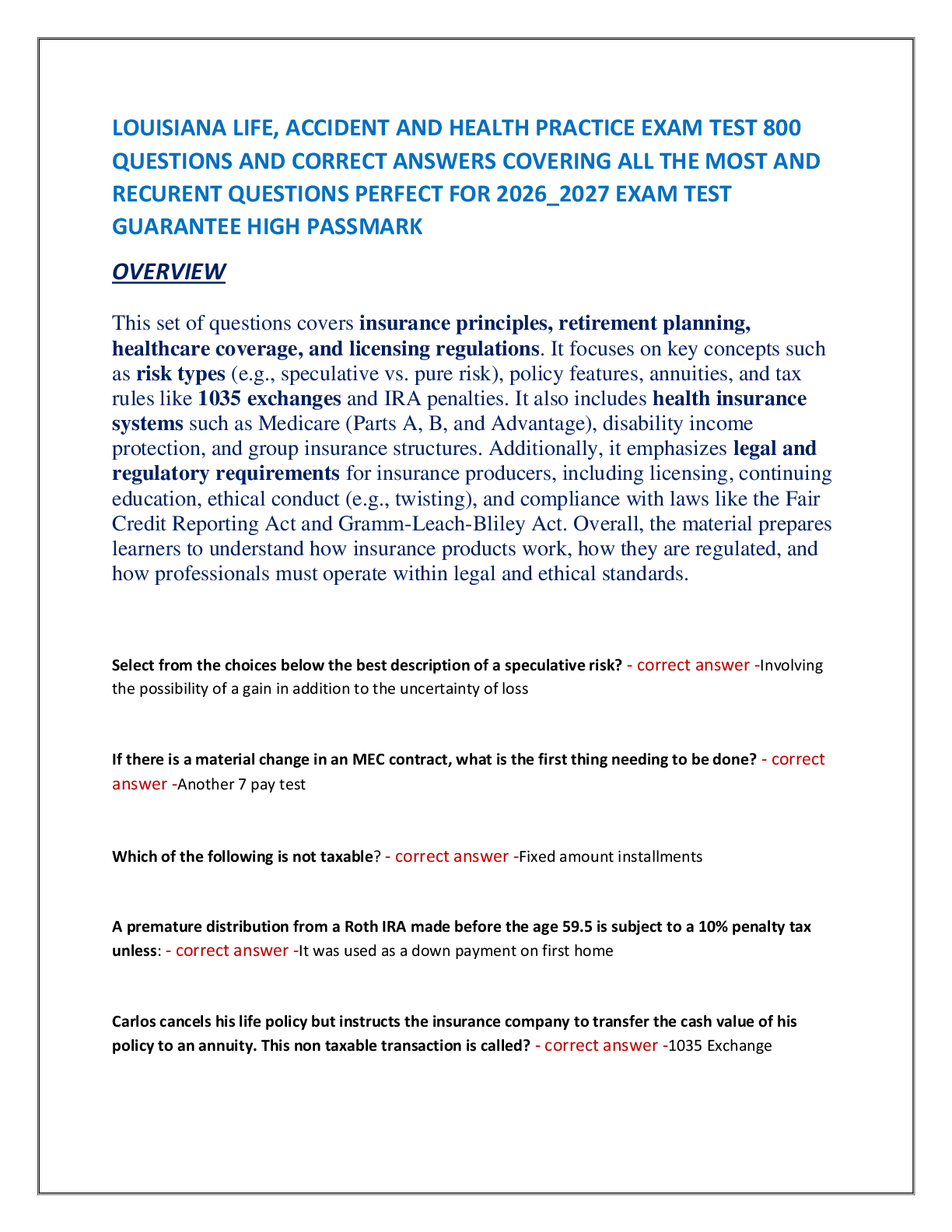 Recommended document preview for LOUISIANA LIFE, ACCIDENT AND HEALTH PRACTICE EXAM TEST 800  QUESTIONS AND CORRECT ANSWERS COVERING ALL THE MOST AND  RECURENT QUESTIONS PERFECT FOR 2026_2027 EXAM TEST  GUARANTEE HIGH PASSMARK