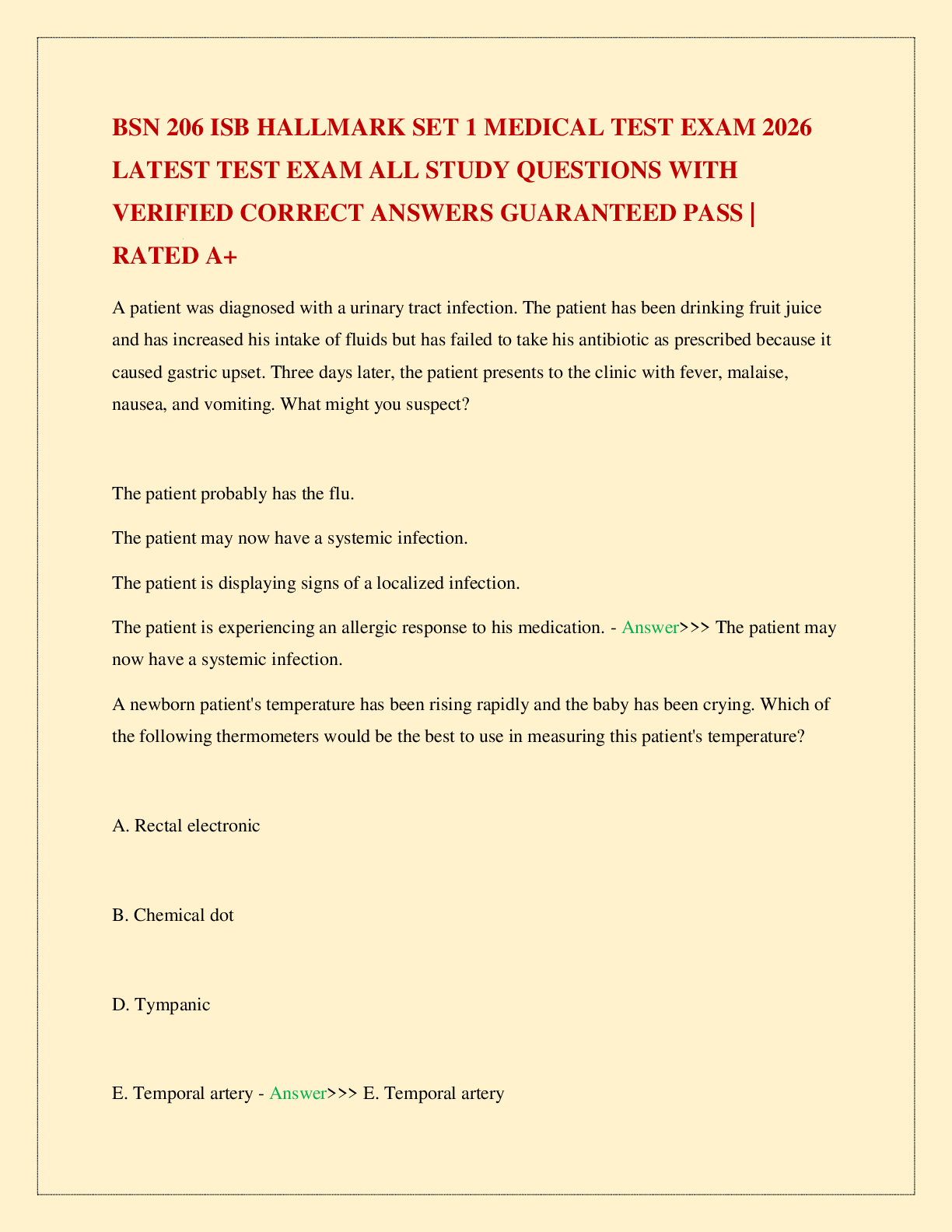 Recommended document preview for BSN 206 ISB HALLMARK SET 1 MEDICAL TEST EXAM 2026 LATEST TEST EXAM ALL STUDY QUESTIONS WITH VERIFIED CORRECT ANSWERS GUARANTEED PASS | RATED A+