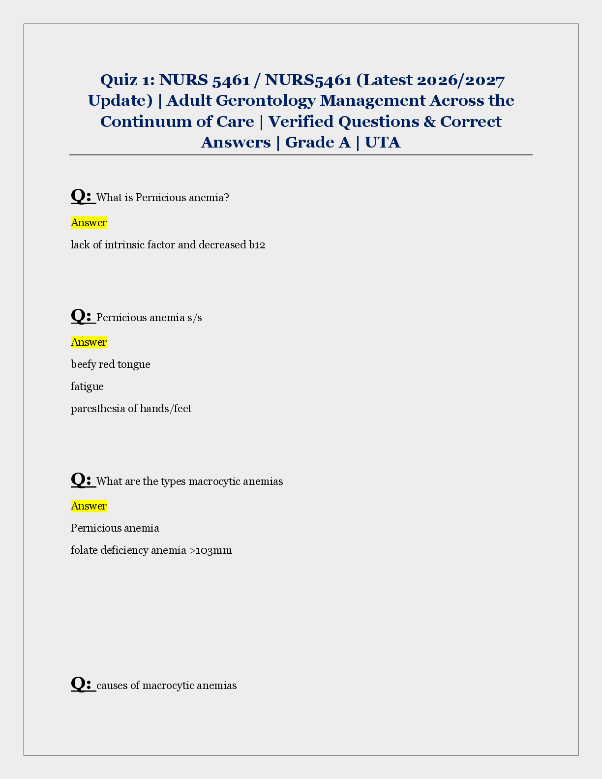 Preview image for Quiz 1: NURS 5461 / NURS5461 (Latest 2026/2027  Update) | Adult Gerontology Management Across the  Continuum of Care | Verified Questions & Correct  Answers | Grade A | UTA