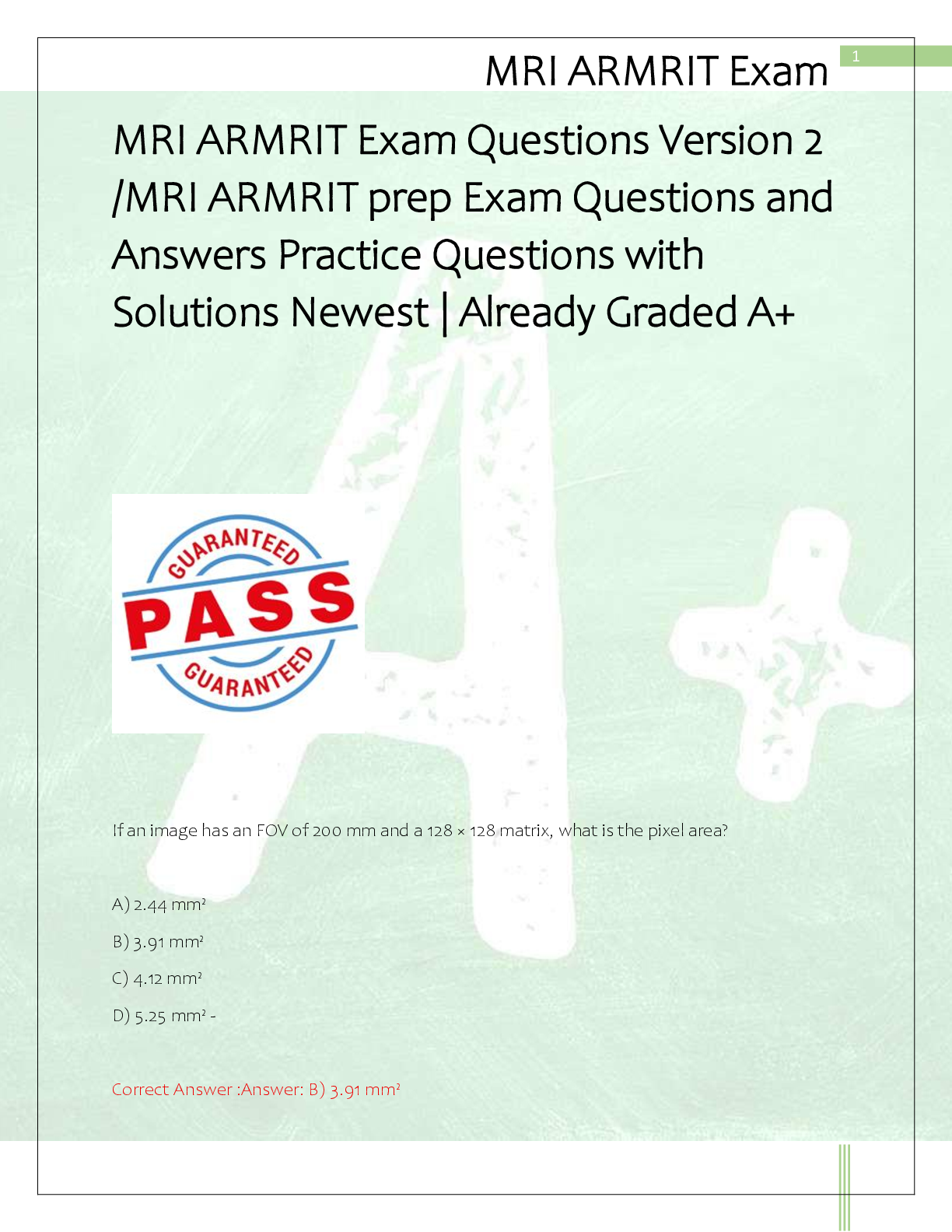 Preview of MRI ARMRIT Exam Questions Version 2  /MRI ARMRIT prep Exam Questions and  Answers Practice Questions with  Solutions Newest | Already Graded A+