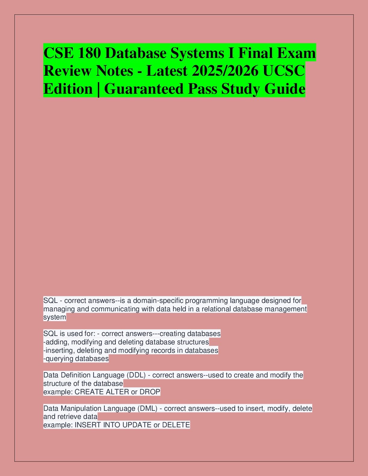 Recommended document preview for CSE 180 Database Systems I Final Exam  Review Notes - Latest 2025/2026 UCSC  Edition | Guaranteed Pass Study Guide
