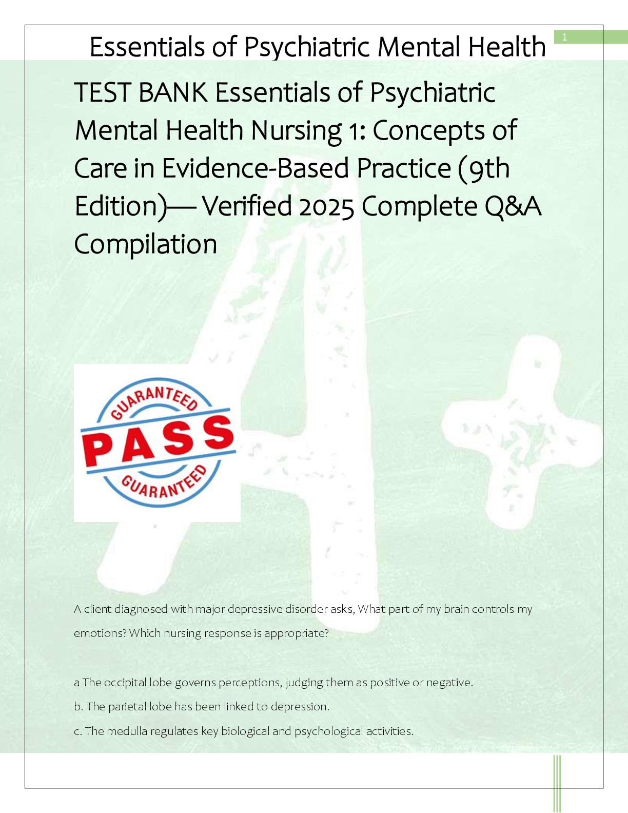 Recommended document preview for TEST BANK Essentials of Psychiatric  Mental Health Nursing 1: Concepts of  Care in Evidence-Based Practice (9th  Edition)— Verified 2025 Complete Q&A  Compilation