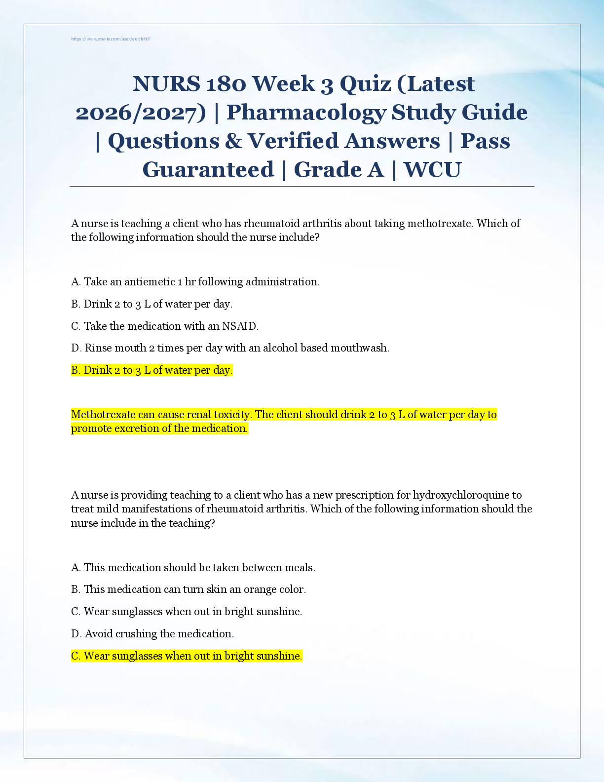 NURS 180 Week 3 Quiz (Latest  2026/2027) | Pharmacology Study Guide  | Questions & Verified Answers | Pass  Guaranteed | Grade A | WCU