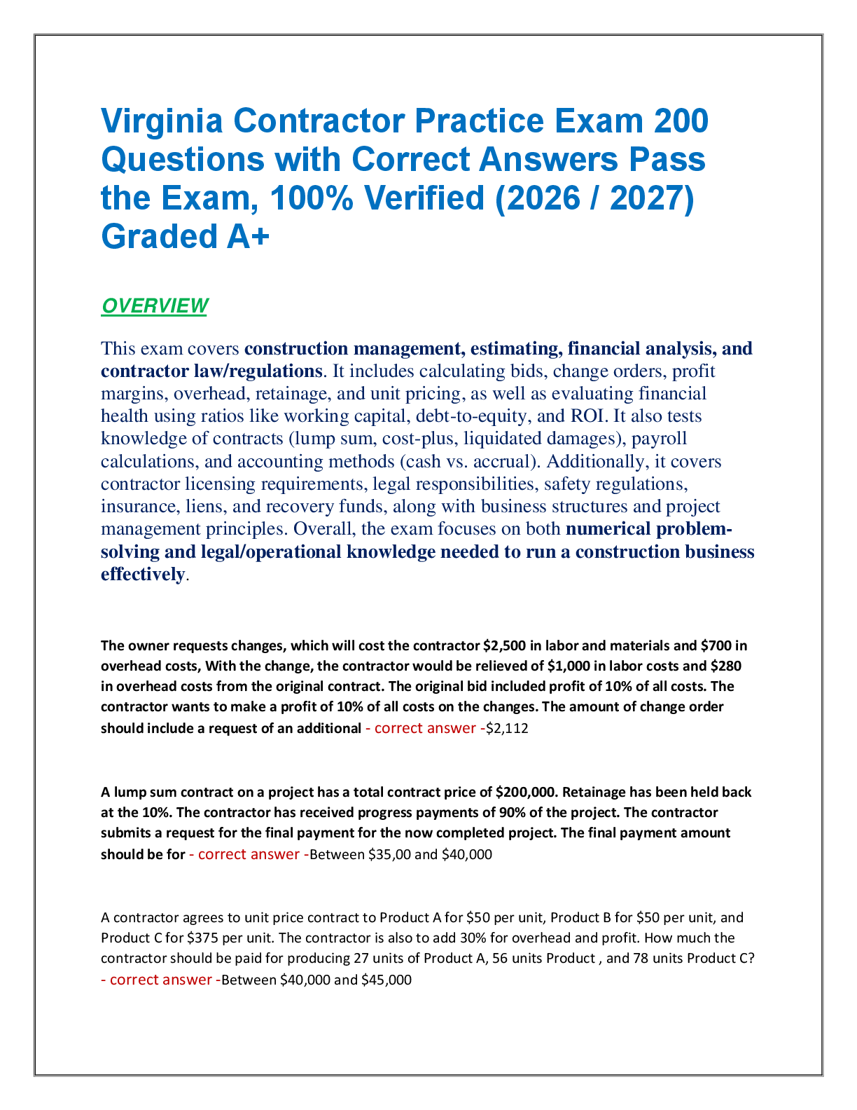 Recommended document preview for Virginia Contractor Practice Exam 200  Questions with Correct Answers Pass  the Exam, 100% Verified (2026 / 2027)  Graded A+