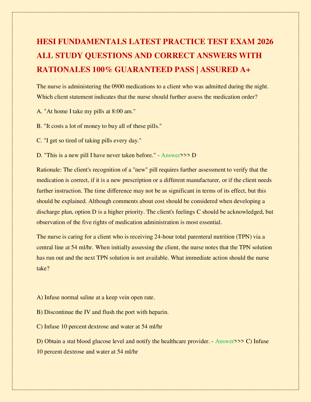 Recommended document preview for HESI FUNDAMENTALS LATEST PRACTICE TEST EXAM 2026 ALL STUDY QUESTIONS AND CORRECT ANSWERS WITH RATIONALES 100% GUARANTEED PASS | ASSURED A+