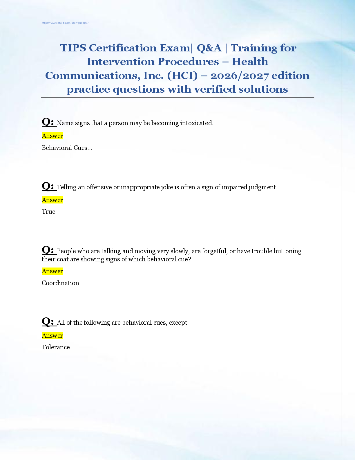 Recommended document preview for TIPS Certification Exam| Q&A | Training for  Intervention Procedures – Health  Communications, Inc. (HCI) – 2026/2027 edition  practice questions with verified solutions