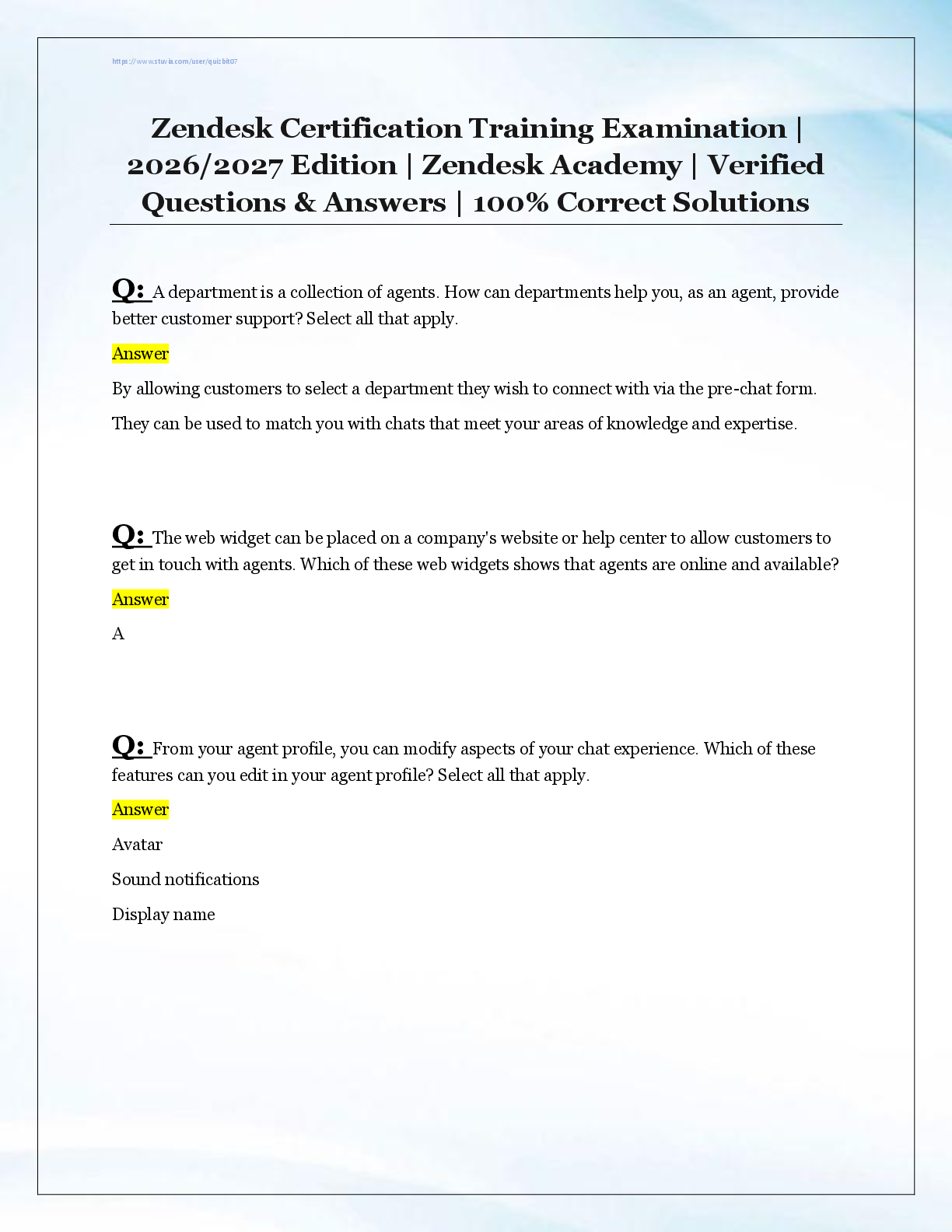 Recommended document preview for Zendesk Certification Training Examination |  2026/2027 Edition | Zendesk Academy | Verified  Questions & Answers | 100% Correct Solutions