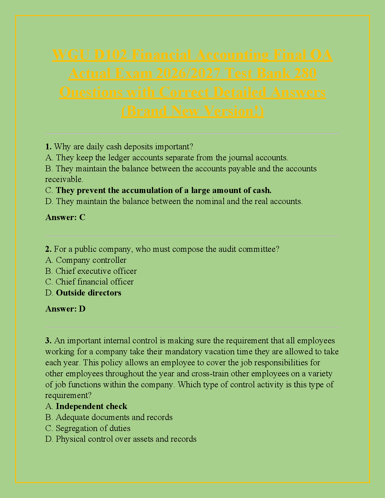 Preview of WGU D102 Financial Accounting Final OA  Actual Exam 2026/2027 Test Bank 280  Questions with Correct Detailed Answers  (Brand New Version!)