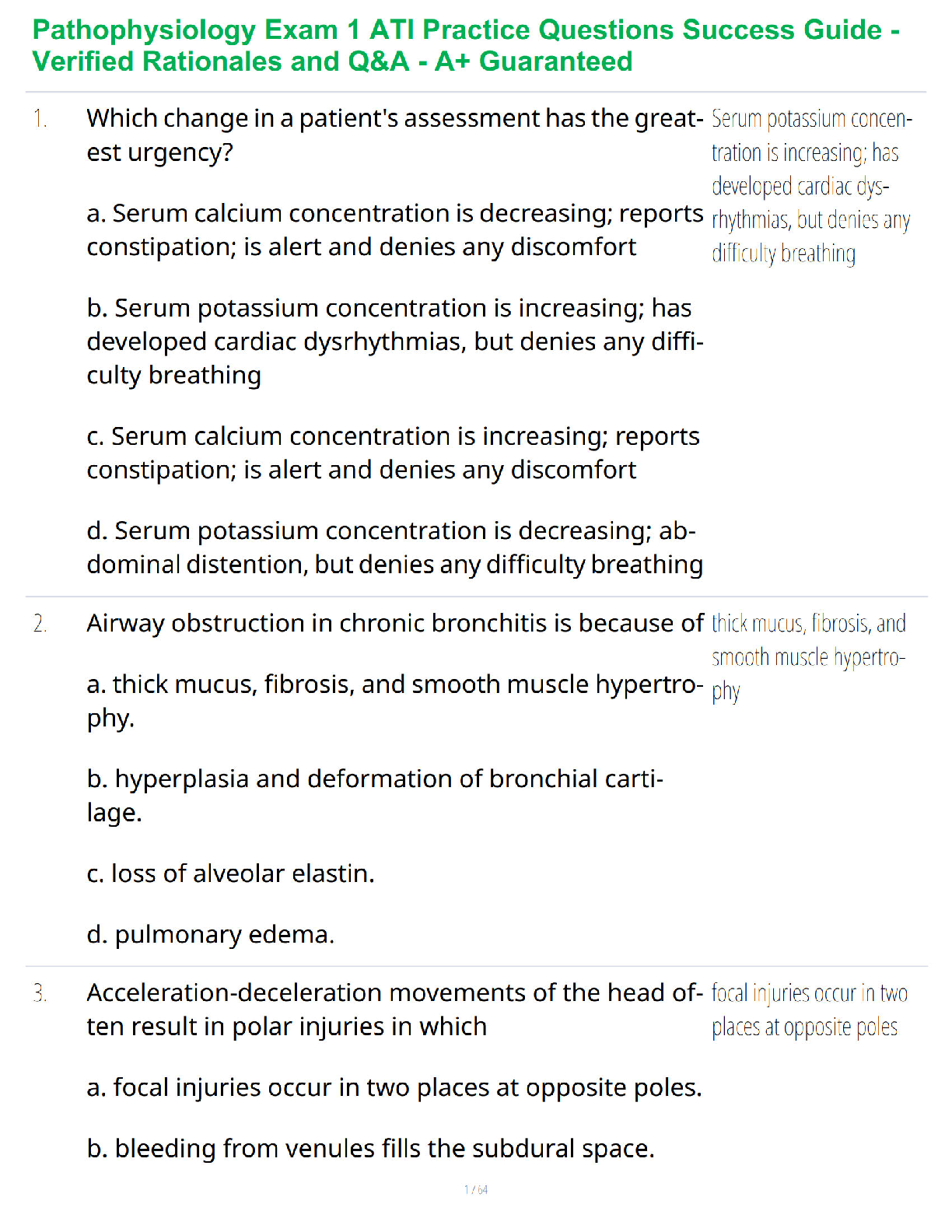 Recommended document preview for Pathophysiology Exam 1 ATI Practice Questions Success Guide - Verified Rationales and Q&A - A+ Guaranteed