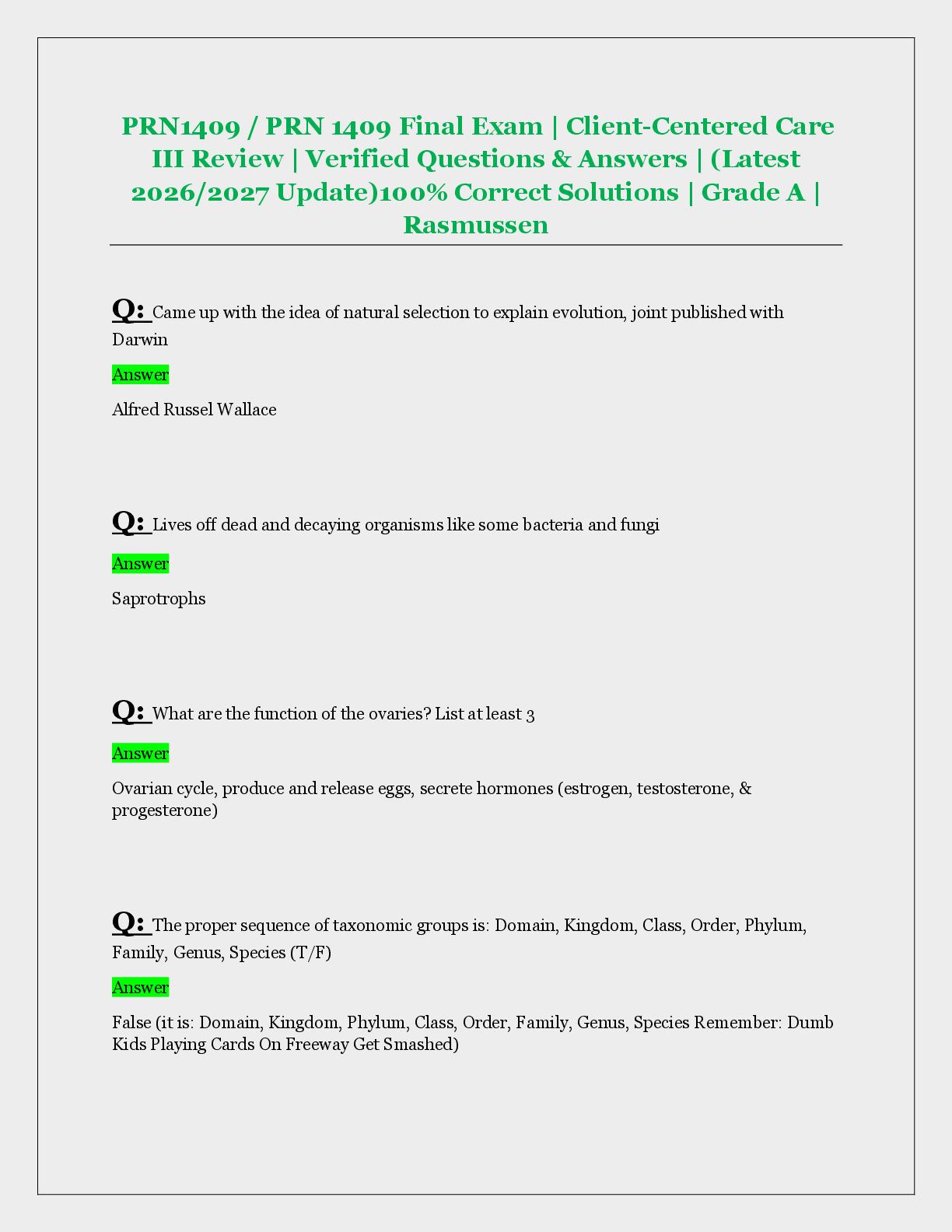 Preview of PRN1409 / PRN 1409 Final Exam | Client-Centered Care  III Review | Verified Questions & Answers | (Latest  2026/2027 Update)100% Correct Solutions | Grade A |  Rasmussen