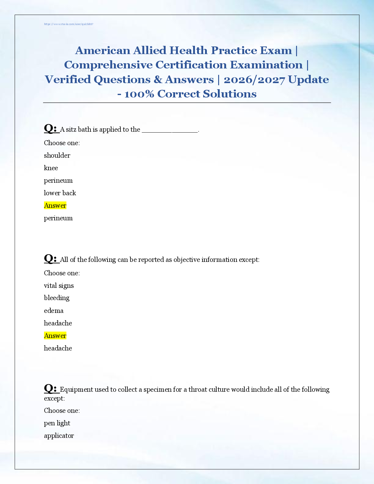 Recommended document preview for American Allied Health Practice Exam |  Comprehensive Certification Examination |  Verified Questions & Answers | 2026/2027 Update - 100% Correct Solutions