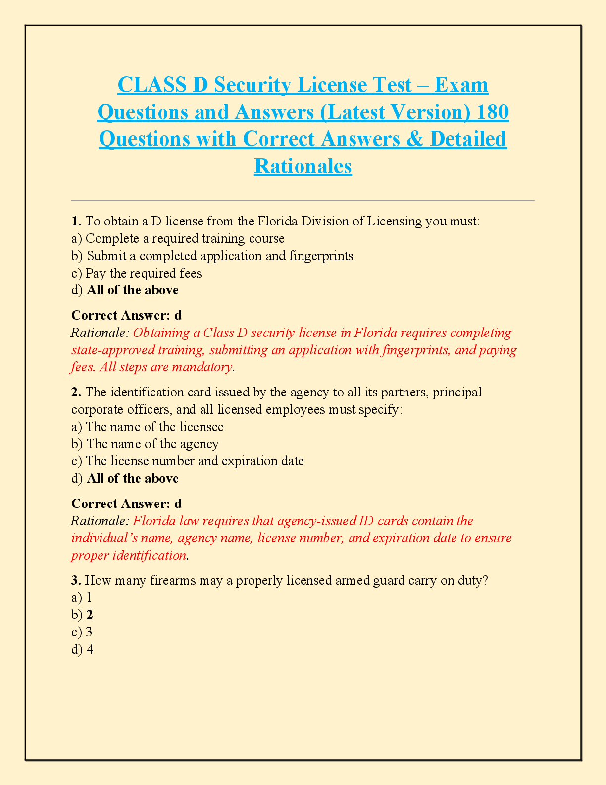 Preview of CLASS D Security License Test – Exam  Questions and Answers (Latest Version) 180  Question
