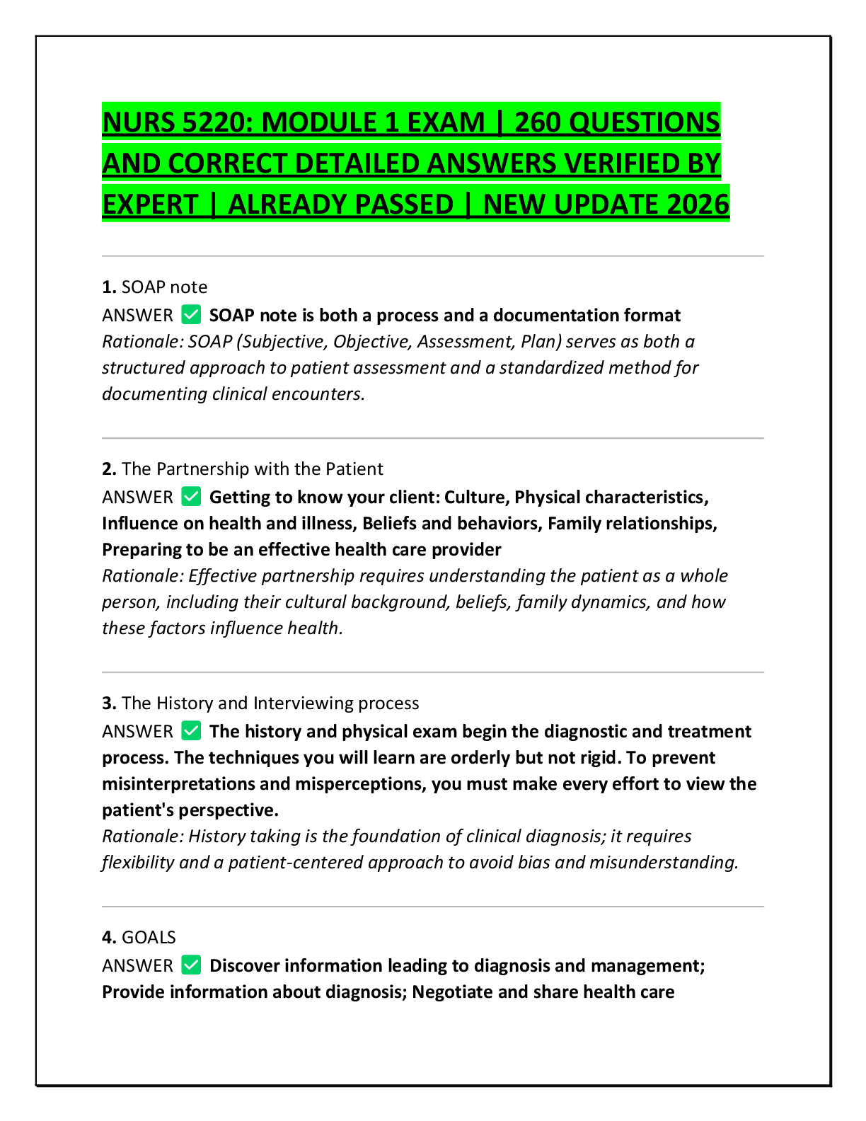 Recommended document preview for NURS 5220: MODULE 1 EXAM | 260 QUESTIONS  AND CORRECT DETAILED ANSWERS VERIFIED BY  EXPERT | ALREADY PASSED | NEW UPDATE 2026