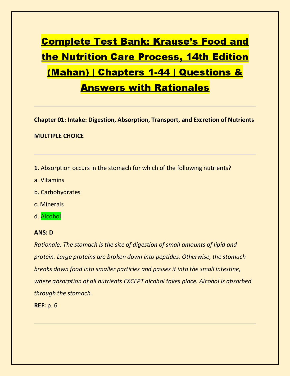Preview of Complete Test Bank: Krause’s Food and  the Nutrition Care Process, 14th Edition  (Mahan) | Chapters 1-44 | Questions &  Answers with Rationales