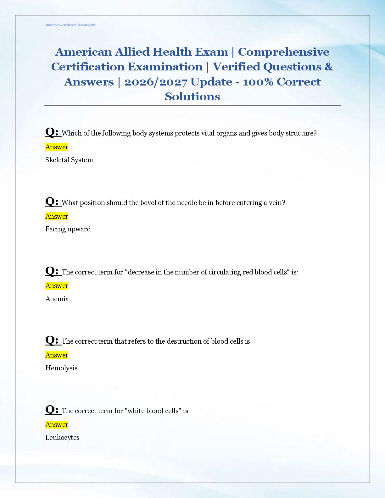 Recommended document preview for American Allied Health Exam | Comprehensive  Certification Examination | Verified Questions &  Answers | 2026/2027 Update - 100% Correct  Solutions
