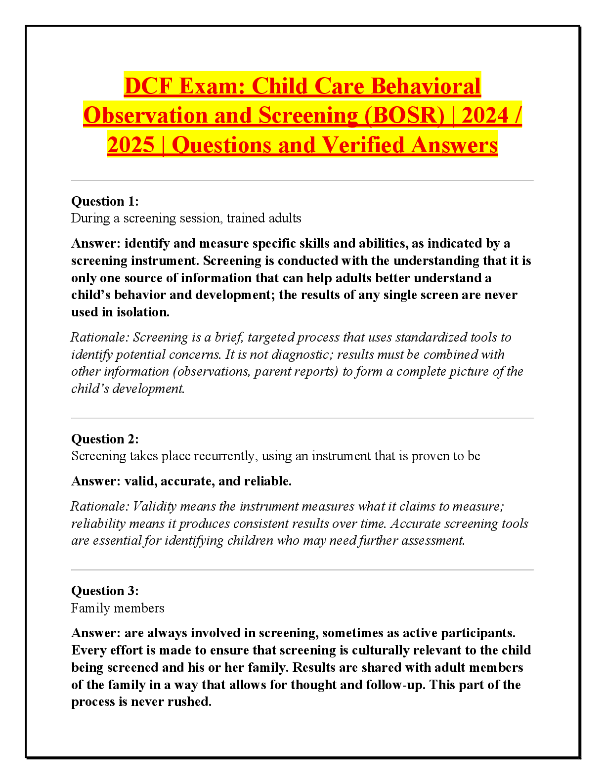 Recommended document preview for DCF Exam: Child Care Behavioral  Observation and Screening (BOSR) | 2024 /  2025 | Questions and Verified Answers