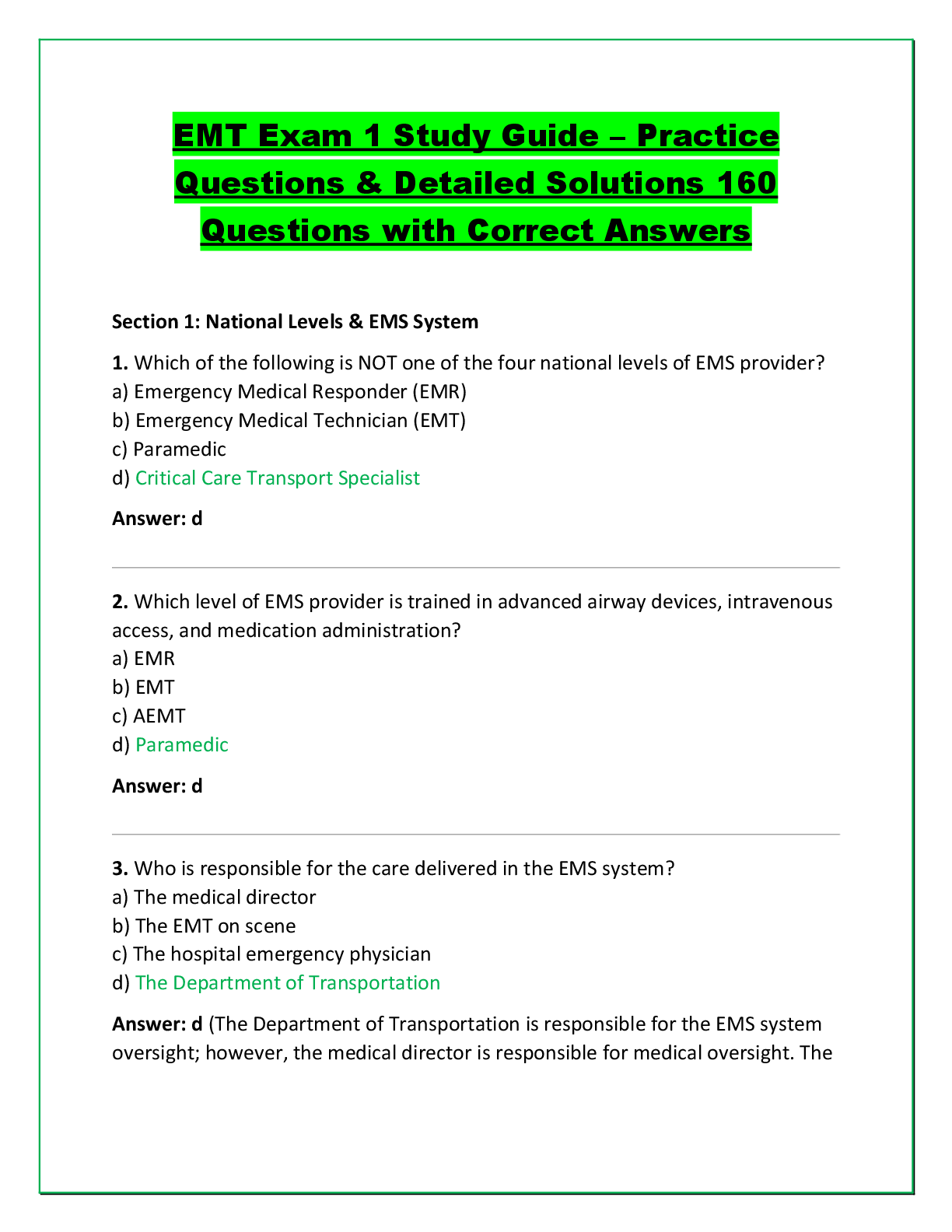 Recommended document preview for EMT Exam 1 Study Guide – Practice  Questions & Detailed Solutions 160  Questions with Correct Answers