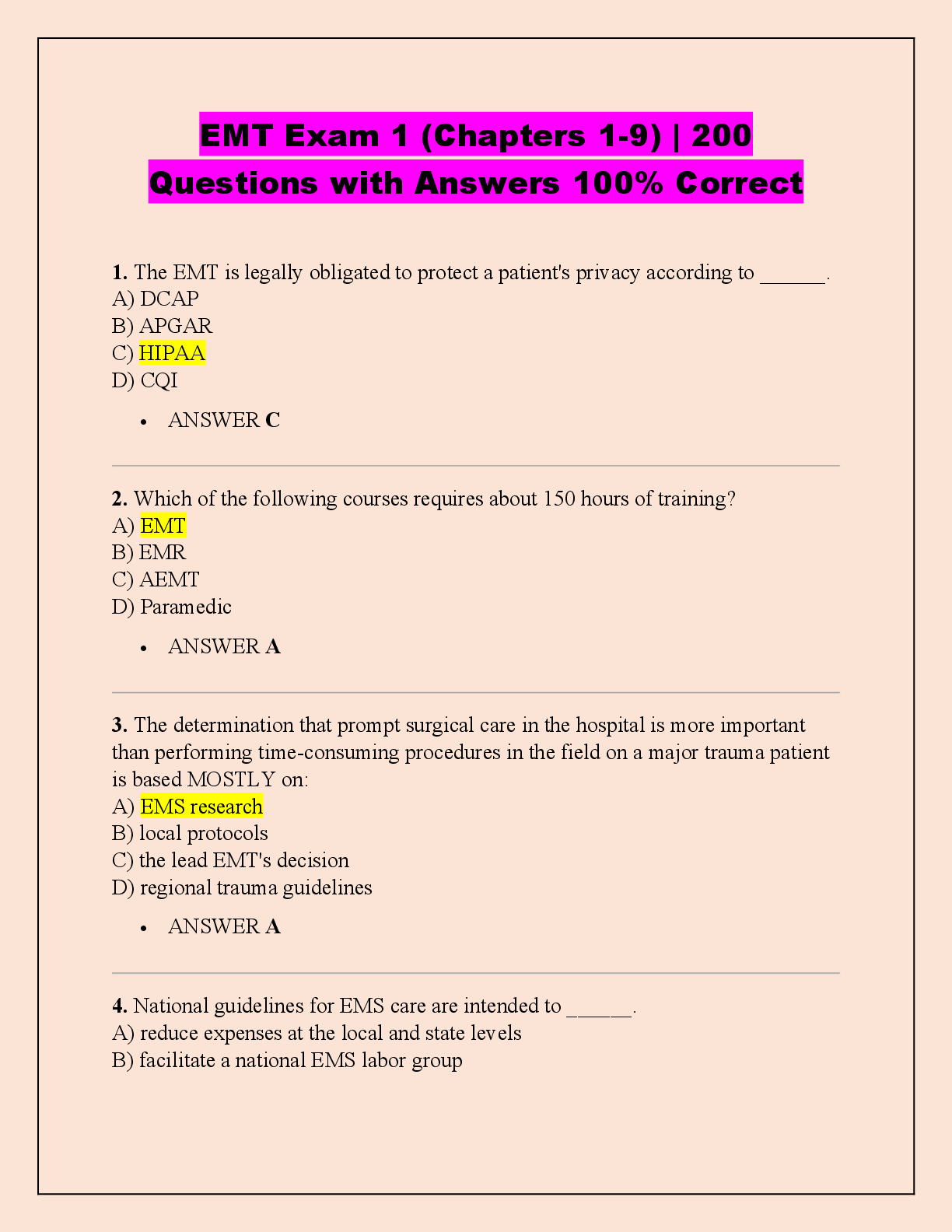 Recommended document preview for EMT Exam 1 (Chapters 1-9) | 200  Questions with Answers 100% Correct