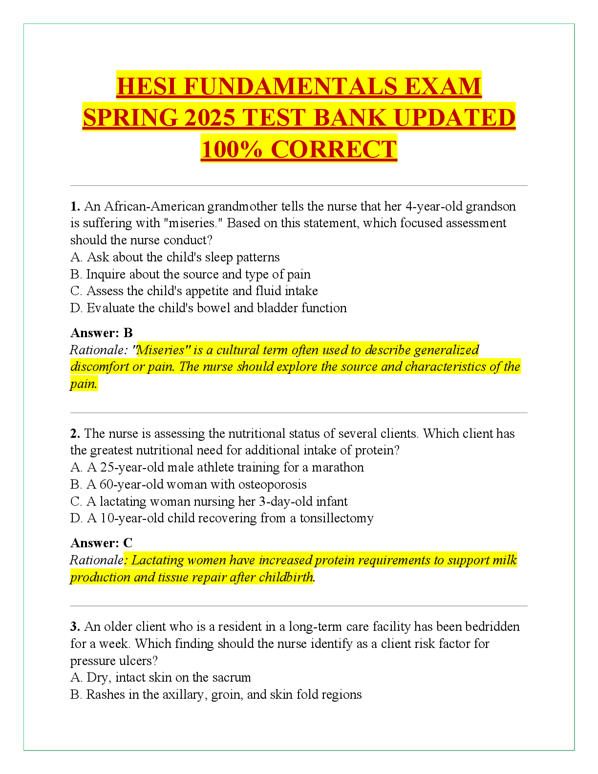 Recommended document preview for HESI FUNDAMENTALS EXAM  SPRING 2025 TEST BANK UPDATED  100% CORRECT