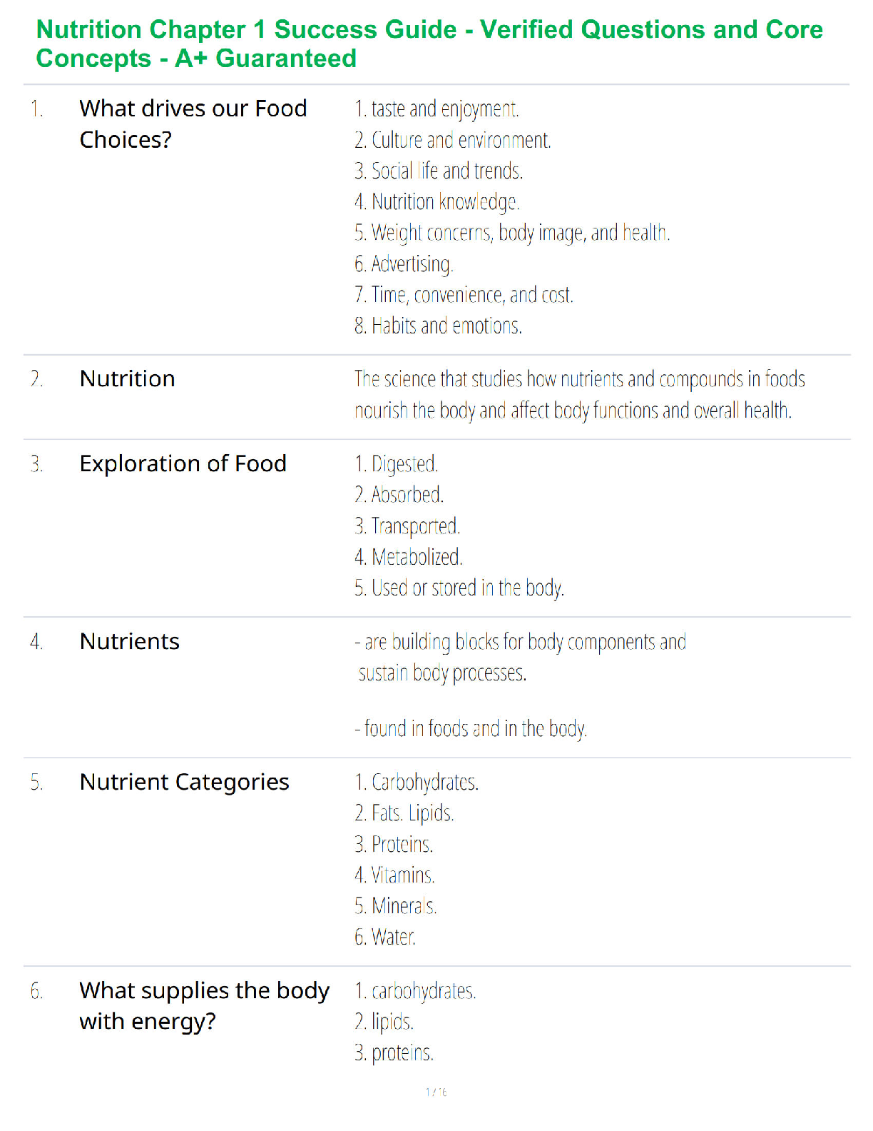 Recommended document preview for Nutrition Chapter 1 Success Guide - Verified Questions and Core Concepts - A+ Guaranteed