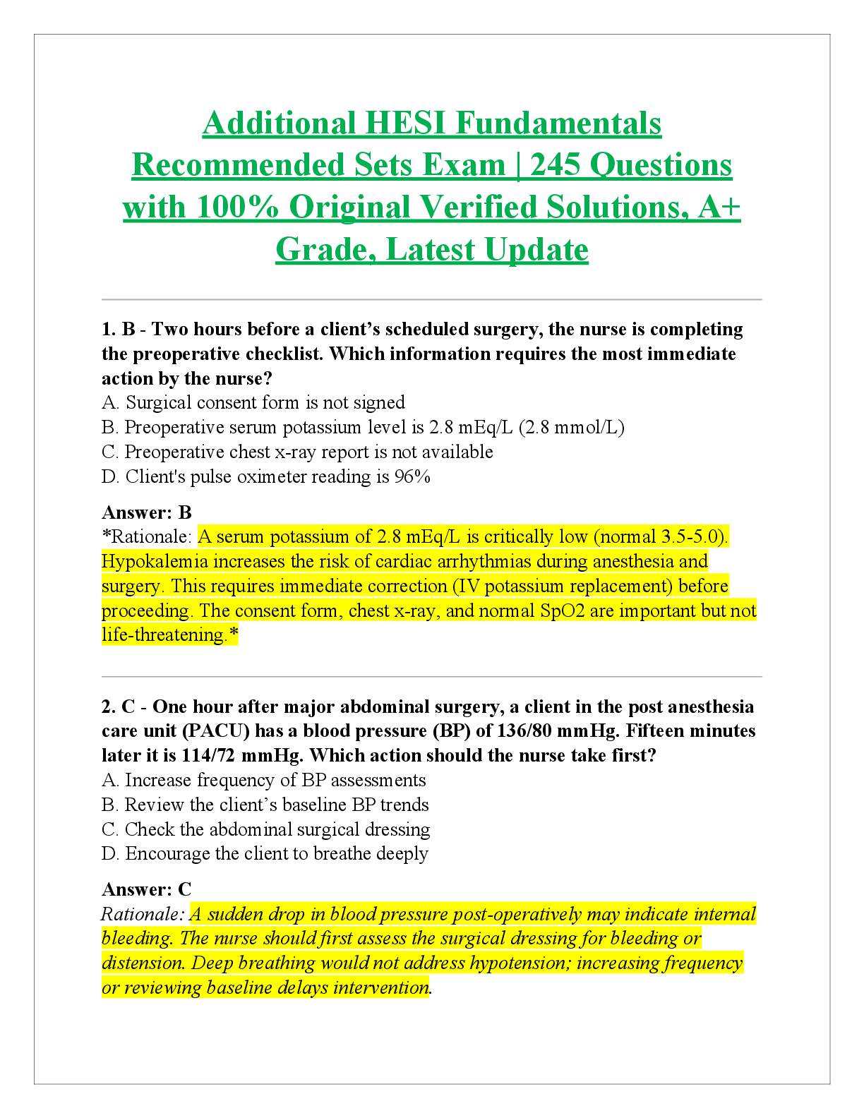 Recommended document preview for Additional HESI Fundamentals  Recommended Sets Exam | 245 Questions  with 100% Original Verified Solutions, A+  Grade, Latest Update