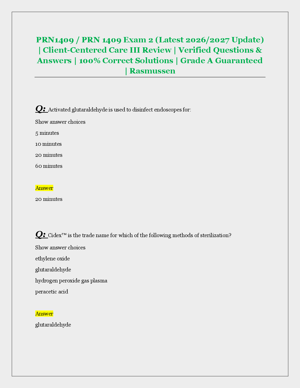 Preview of PRN1409 / PRN 1409 Exam 2 (Latest 2026/2027 Update)  | Client-Centered Care III Review | Verified Questions &  Answers | 100% Correct Solutions | Grade A Guaranteed  | Rasmussen