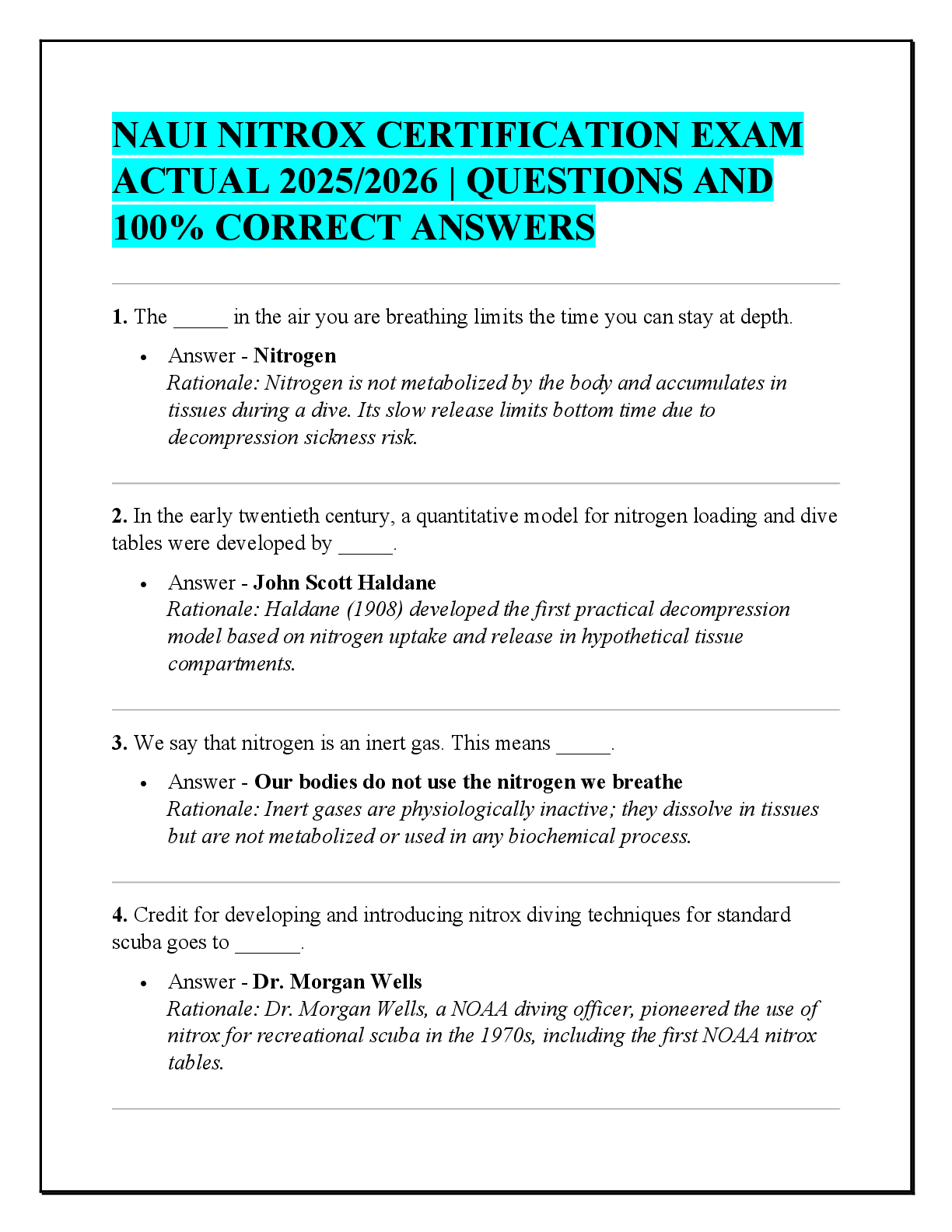Recommended document preview for NAUI NITROX CERTIFICATION EXAM  ACTUAL 2025/2026 | QUESTIONS AND  100% CORRECT ANSWERS