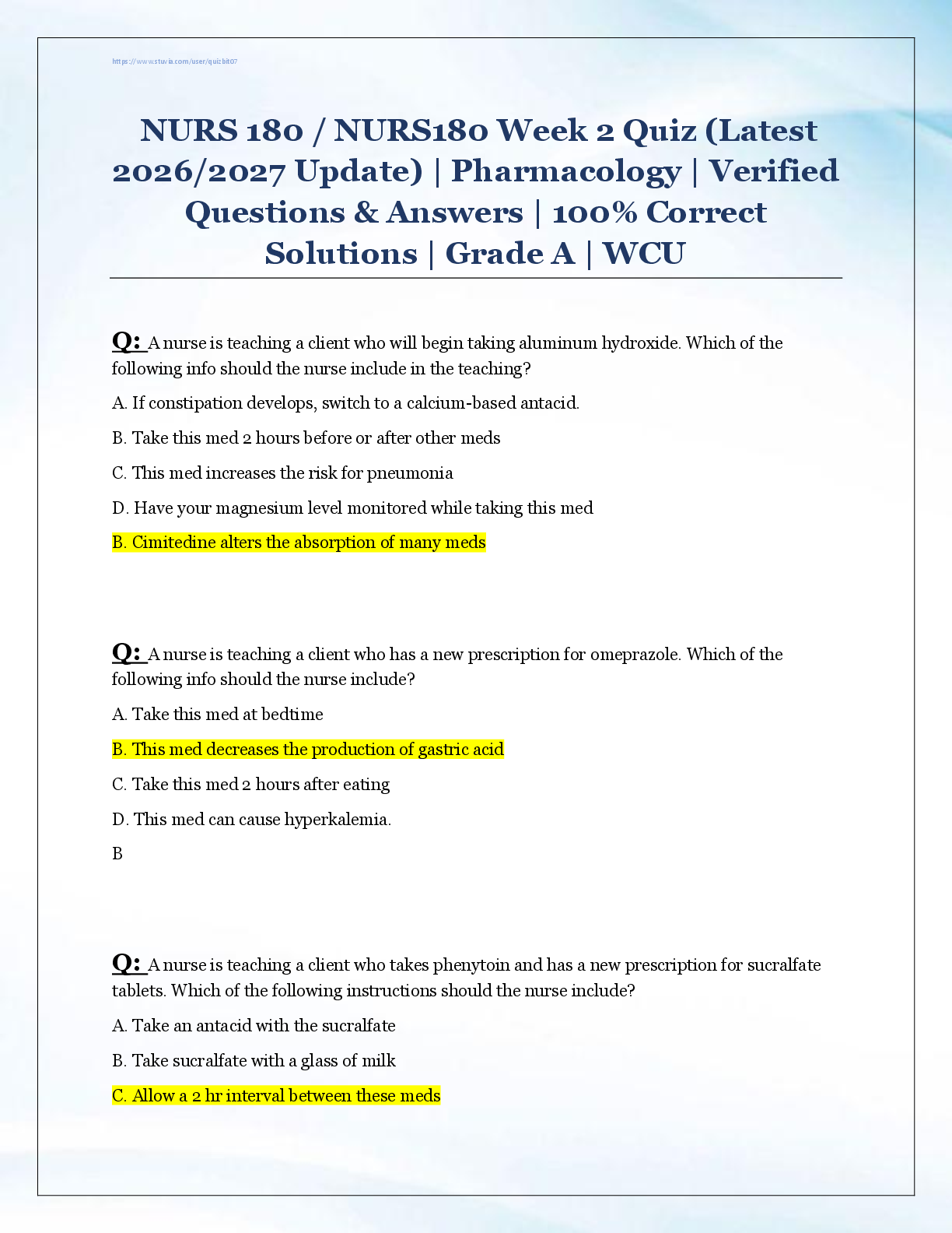 Preview image for NURS 180 / NURS180 Week 2 Quiz (Latest  2026/2027 Update) | Pharmacology | Verified  Questions & Answers | 100% Correct  Solutions | Grade A | WCU