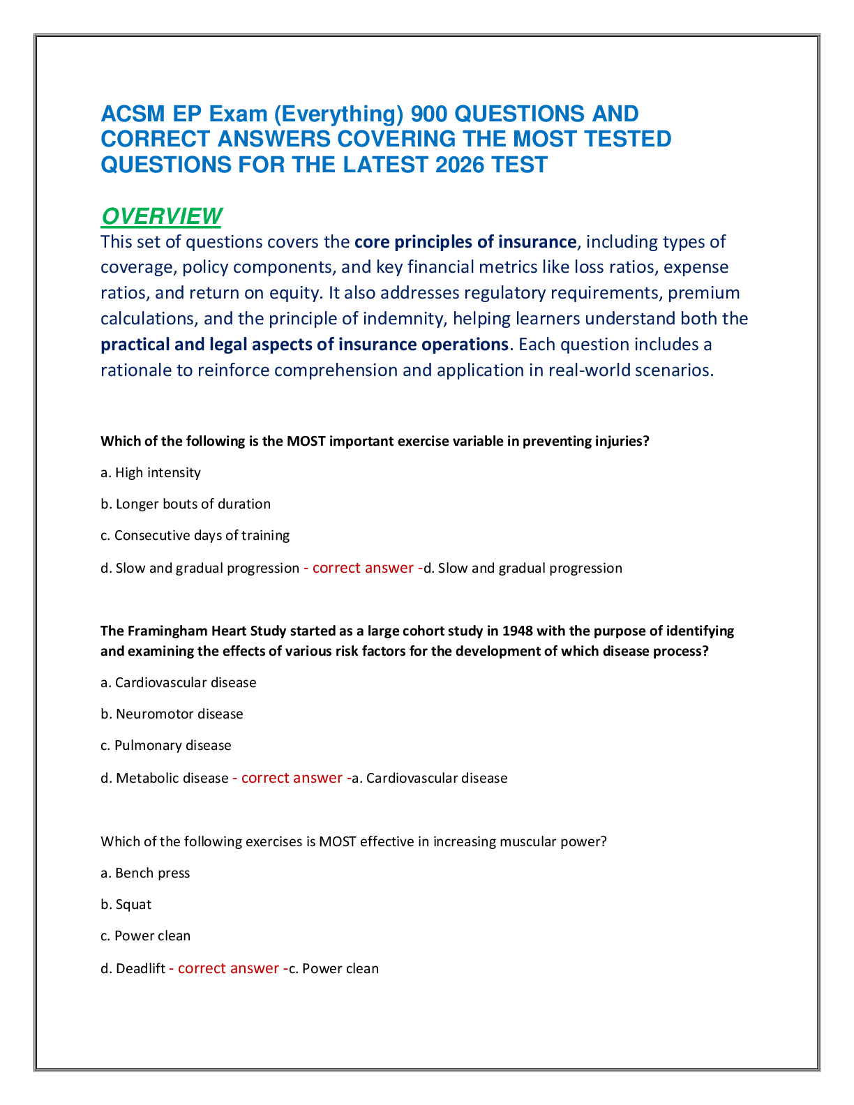 Recommended document preview for ACSM EP Exam (Everything) 900 QUESTIONS AND  CORRECT ANSWERS COVERING THE MOST TESTED  QUESTIONS FOR THE LATEST 2026 TEST