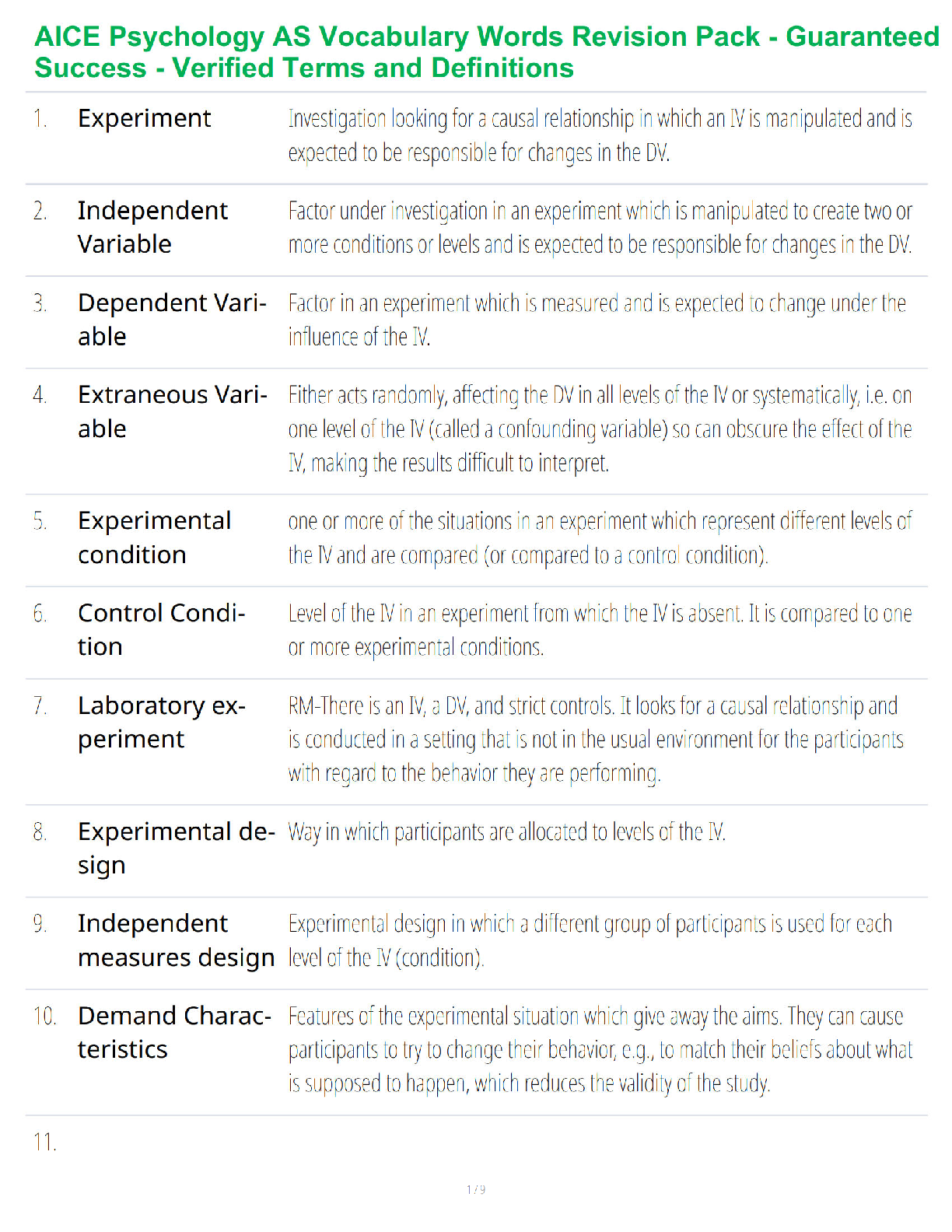 Recommended document preview for AICE Psychology AS Vocabulary Words Revision Pack - Guaranteed Success - Verified Terms and Definitions