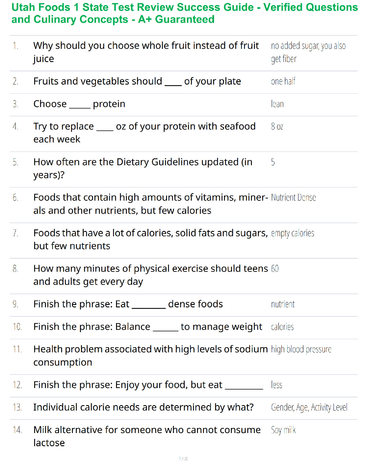 Recommended document preview for Utah Foods 1 State Test Review Success Guide - Verified Questions and Culinary Concepts - A+ Guaranteed