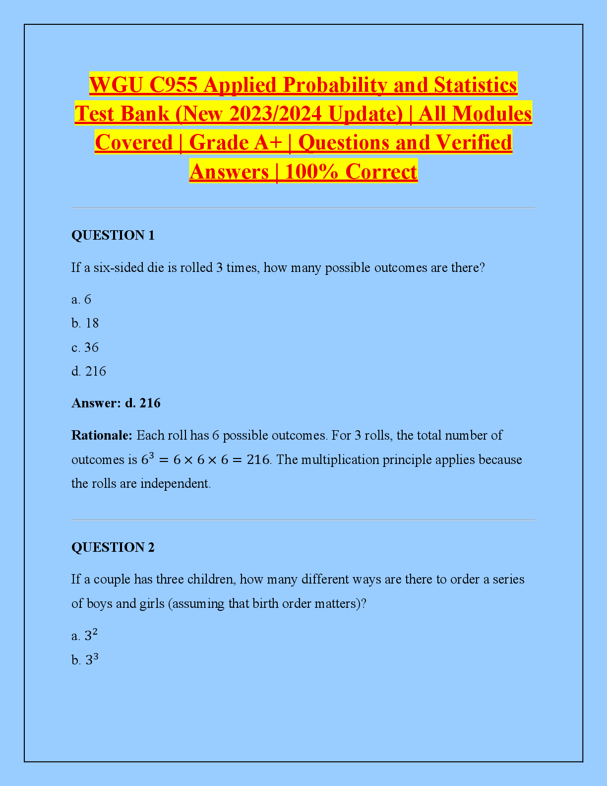 Preview of WGU C955 Applied Probability and Statistics  Test Bank (New 2023/2024 Update) | All Modules  Covered | Grade A+ | Questions and Verified  Answers | 100% Correct