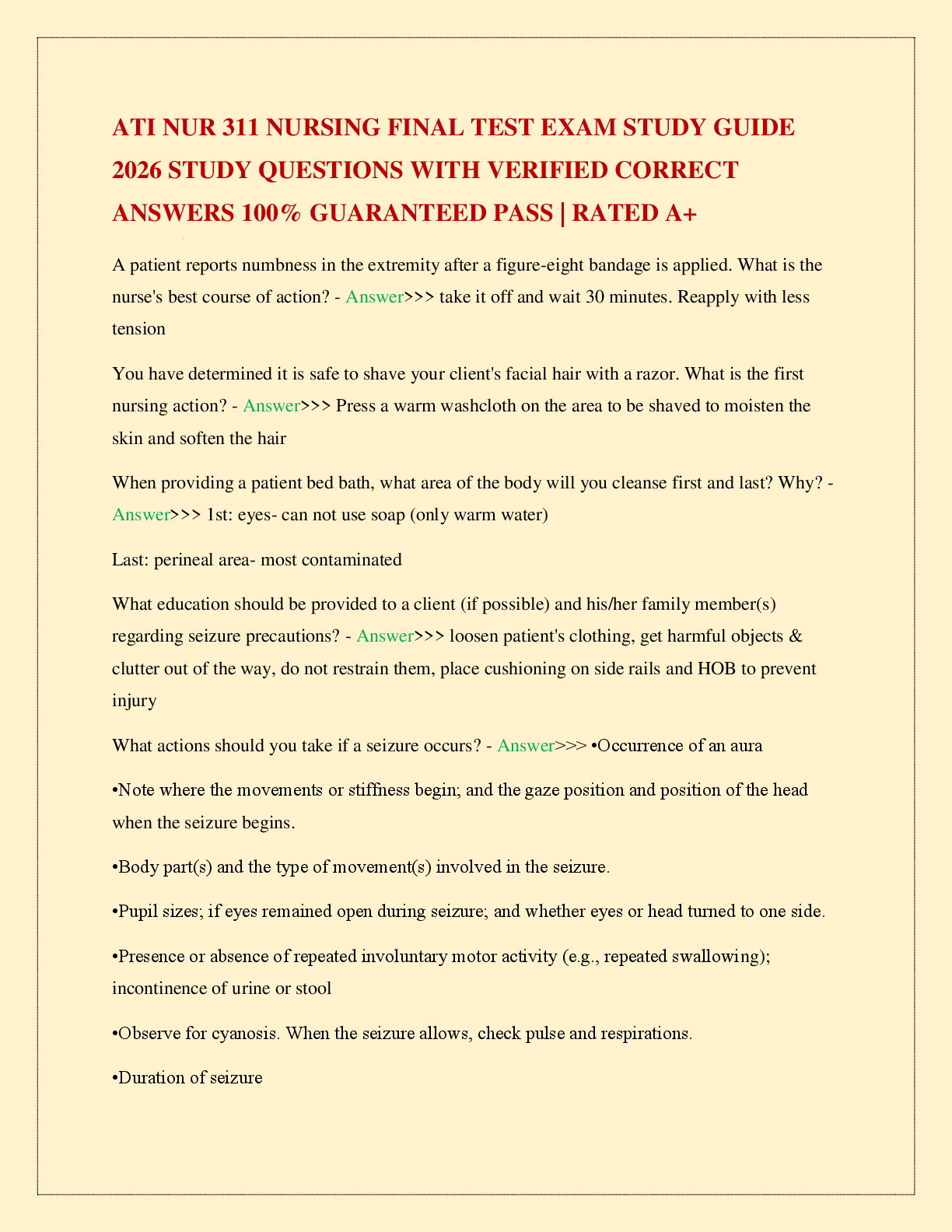 Recommended document preview for ATI NUR 311 NURSING FINAL TEST EXAM STUDY GUIDE 2026 STUDY QUESTIONS WITH VERIFIED CORRECT ANSWERS 100% GUARANTEED PASS | RATED A+