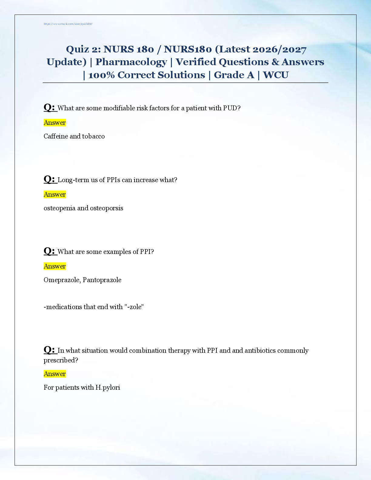 Preview image for Quiz 2: NURS 180 / NURS180 (Latest 2026/2027  Update) | Pharmacology | Verified Questions & Answers  | 100% Correct Solutions | Grade A | WCU