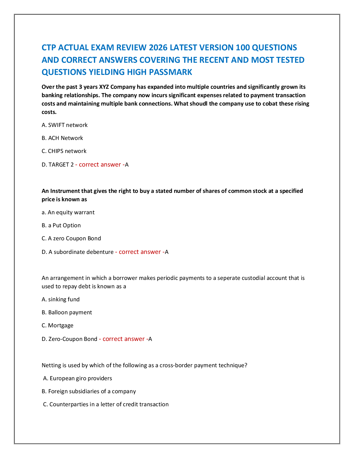 Recommended document preview for CTP ACTUAL EXAM REVIEW 2026 LATEST VERSION 100 QUESTIONS  AND CORRECT ANSWERS COVERING THE RECENT AND MOST TESTED  QUESTIONS YIELDING HIGH PASSMARK