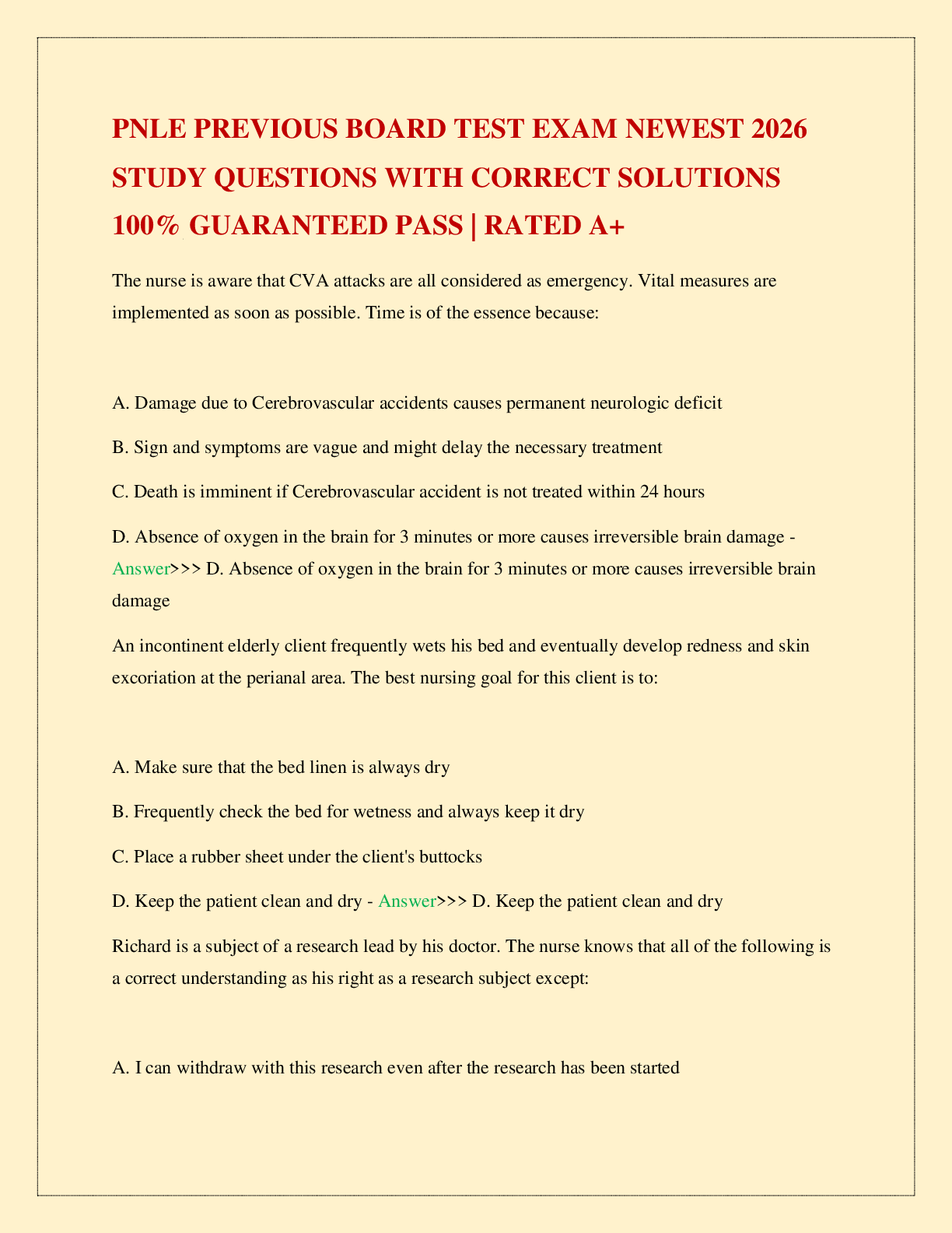 Recommended document preview for PNLE PREVIOUS BOARD TEST EXAM NEWEST 2026 STUDY QUESTIONS WITH CORRECT SOLUTIONS 100% GUARANTEED PASS | RATED A+