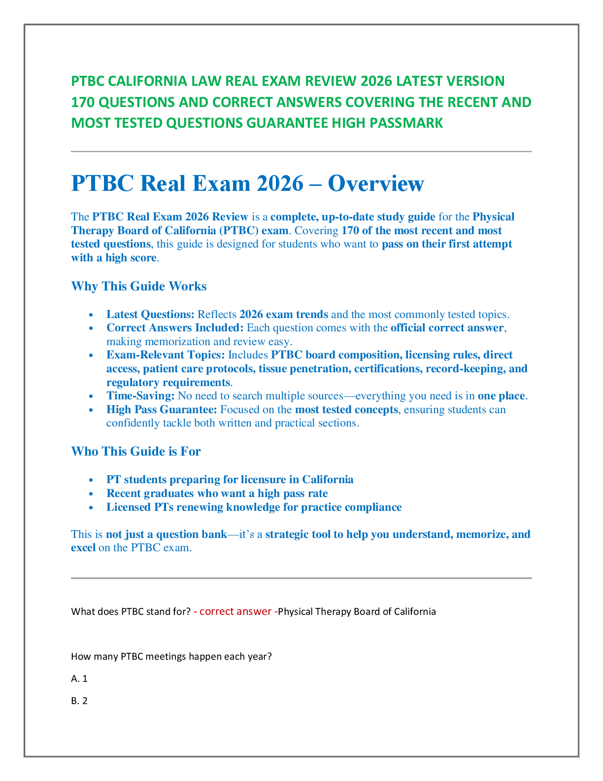Recommended document preview for PTBC CALIFORNIA LAW REAL EXAM REVIEW 2026 LATEST VERSION   170 QUESTIONS AND CORRECT ANSWERS COVERING THE RECENT AND  MOST TESTED QUESTIONS GUARANTEE HIGH PASSMARK
